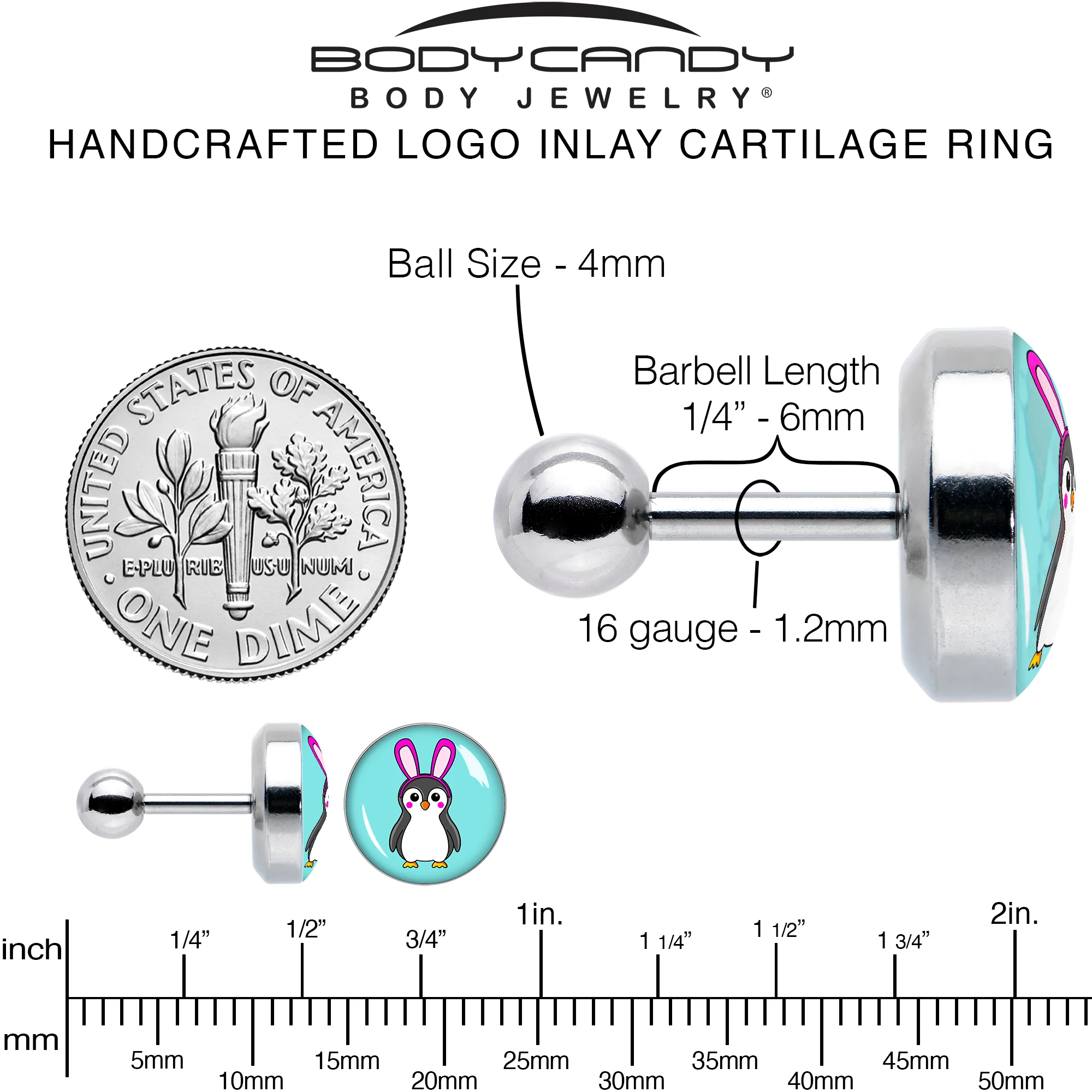 16G 1/4 Bunny Penguin Cartilage Tragus Earring by Onyx O - Image 6