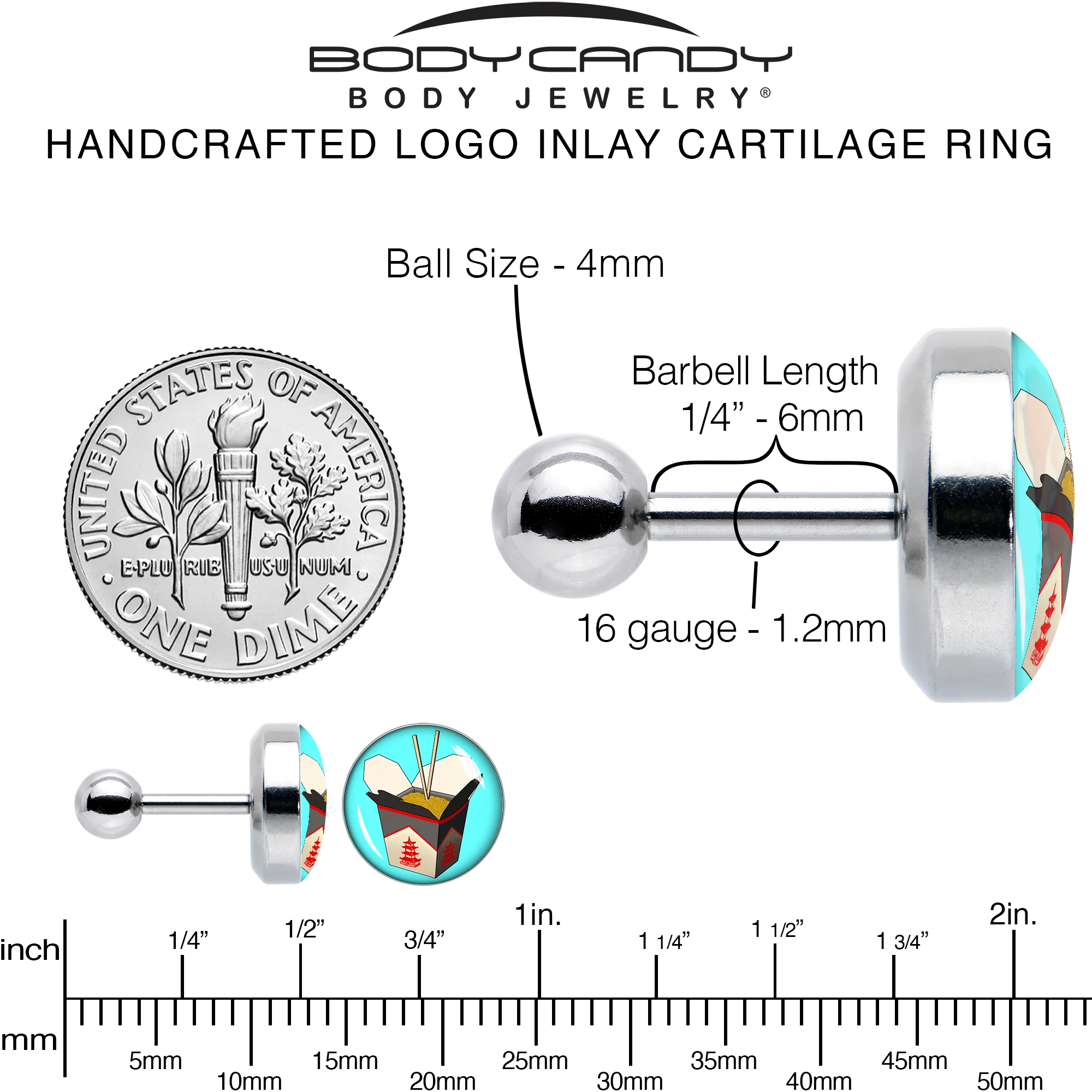 16G 1/4 Chinese Take Out Cartilage Tragus Earring by Onyx O - Image 6
