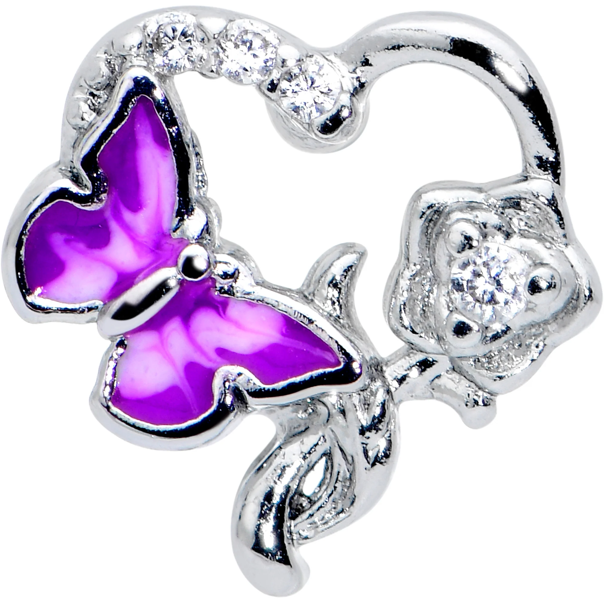 16G 1/4 Clear CZ Gem Butterfly Flower Purple Cartilage Earring - Image 2