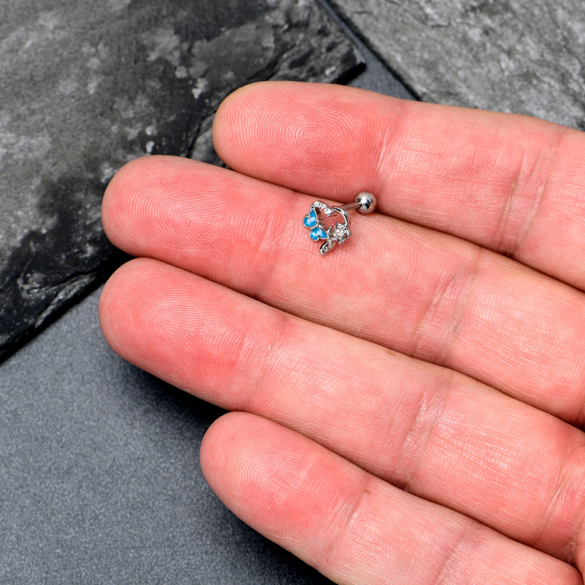 16G 1/4 Clear CZ Gem Butterfly Rose Blue Cartilage Tragus Stud - Image 4