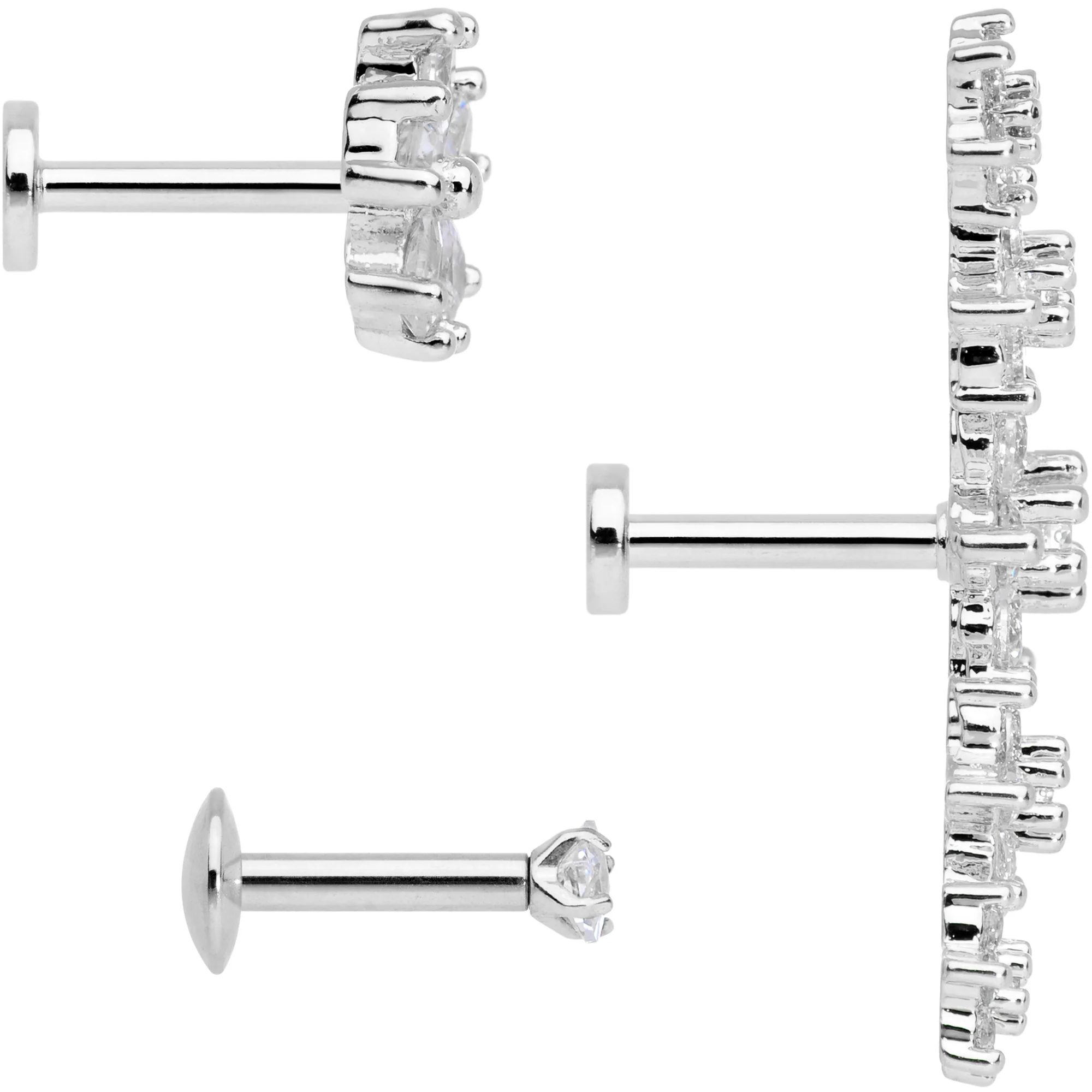 16G 1/4 Clear CZ Gem Floral Labret Tragus Set of 3 - Image 3