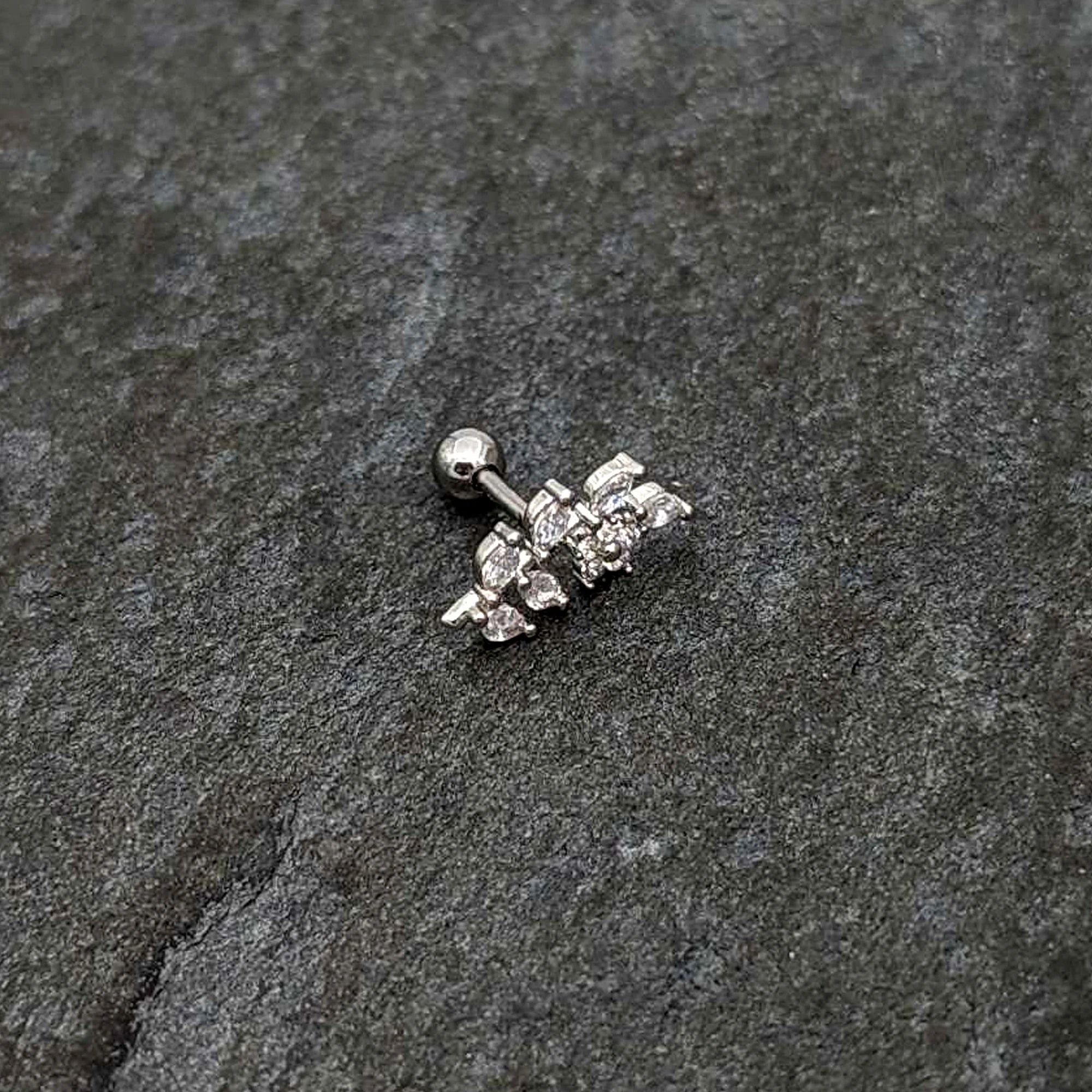16G 1/4 Clear CZ Gem Flower And Vine Cartilage Tragus Earring - Image 6