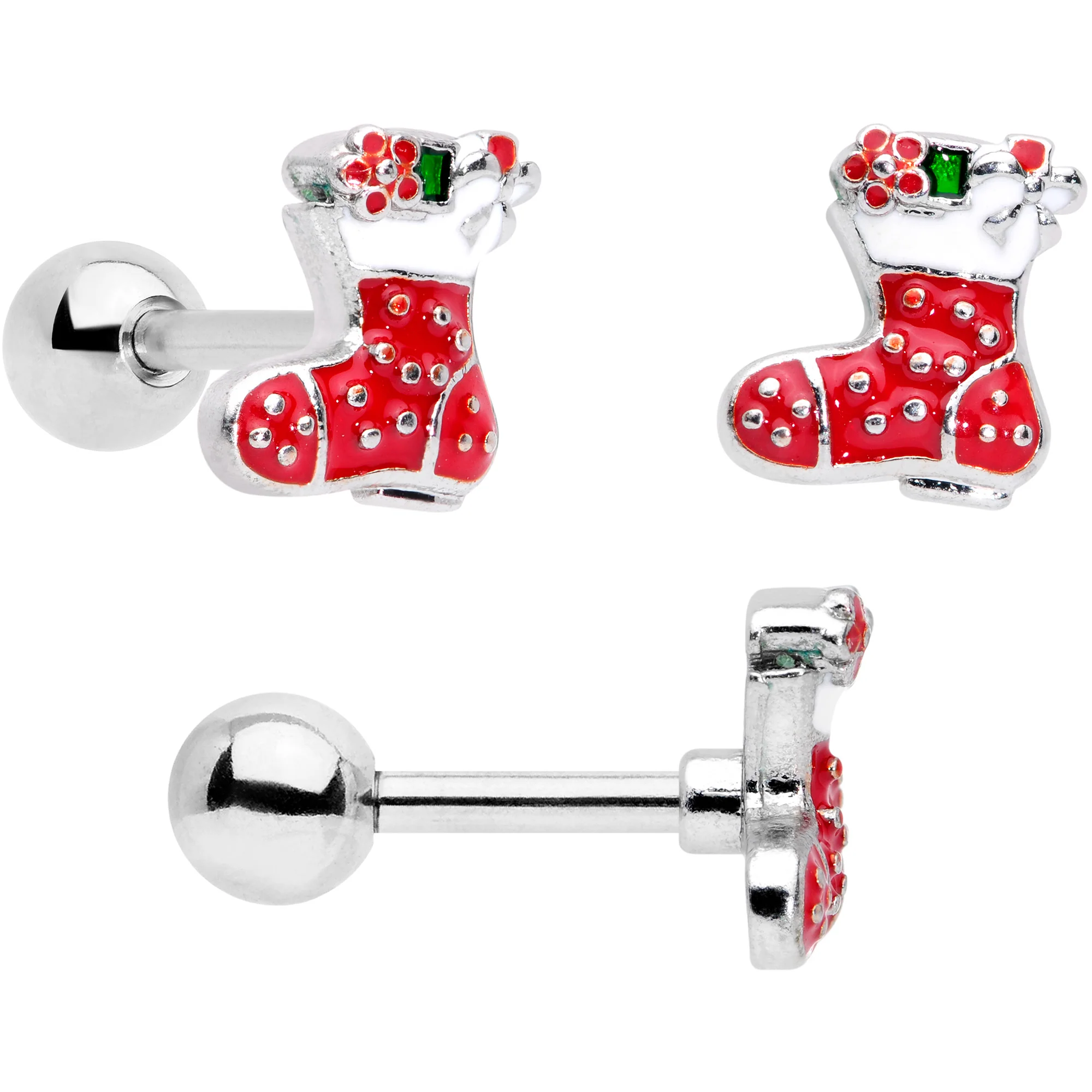 16G 1/4 Clear CZ Gem Gold Hue Christmas Tragus Earring Set of 3 - Image 3
