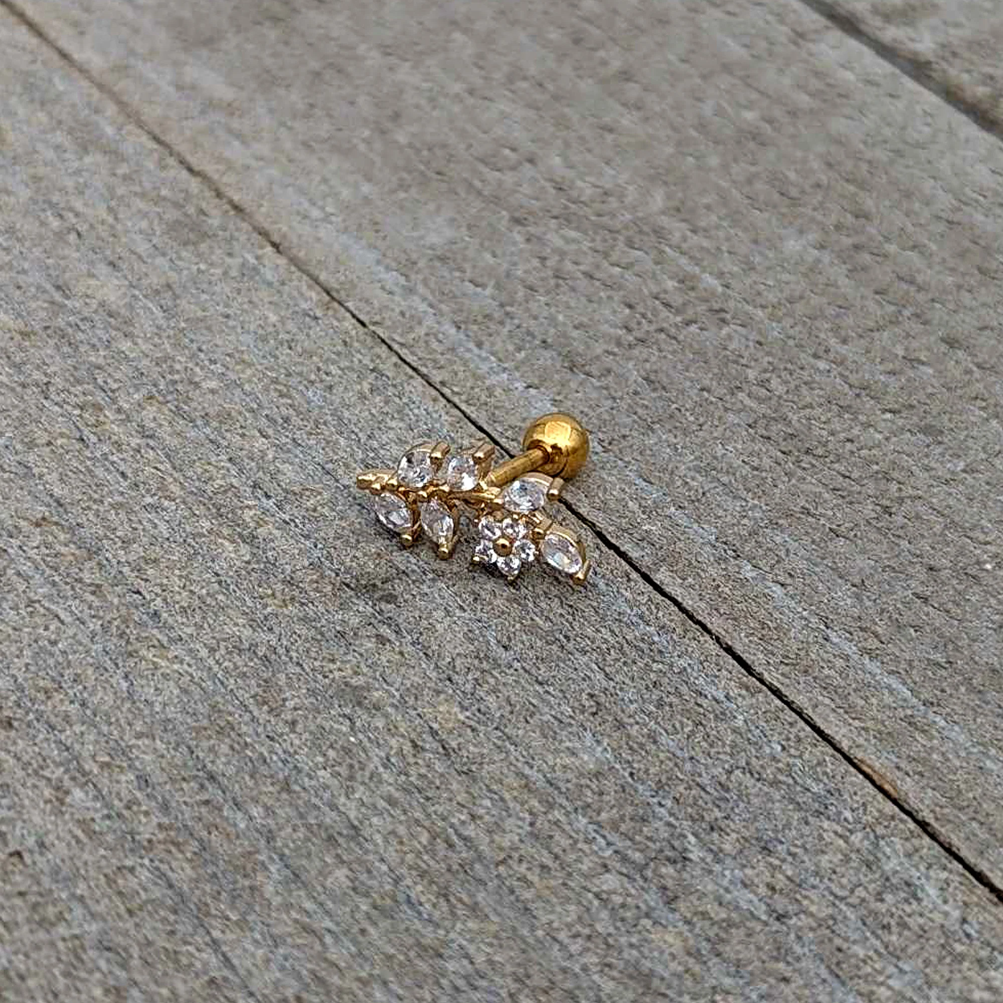 16G 1/4 Clear CZ Gem Gold Hue Flower Vine Cartilage Tragus Earring - Image 7