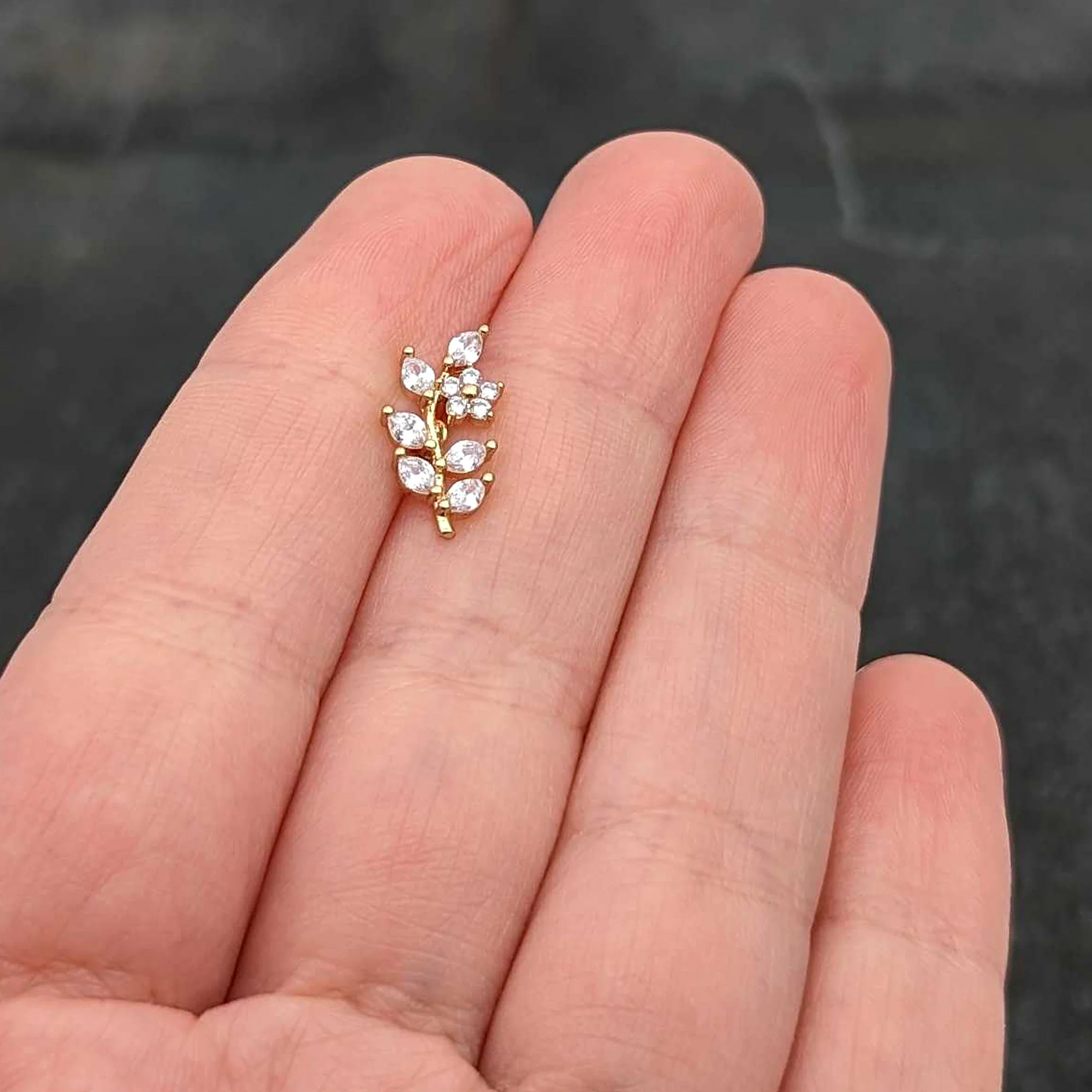 16G 1/4 Clear CZ Gem Gold Hue Flower Vine Cartilage Tragus Earring - Image 8