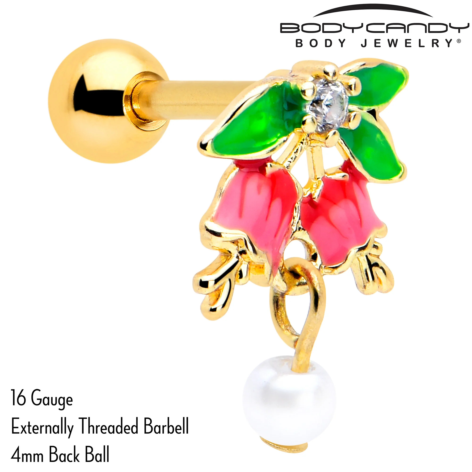 16G 1/4 Clear CZ Gem Gold Tone Bell Flower Cartilage Tragus Earring - Image 2