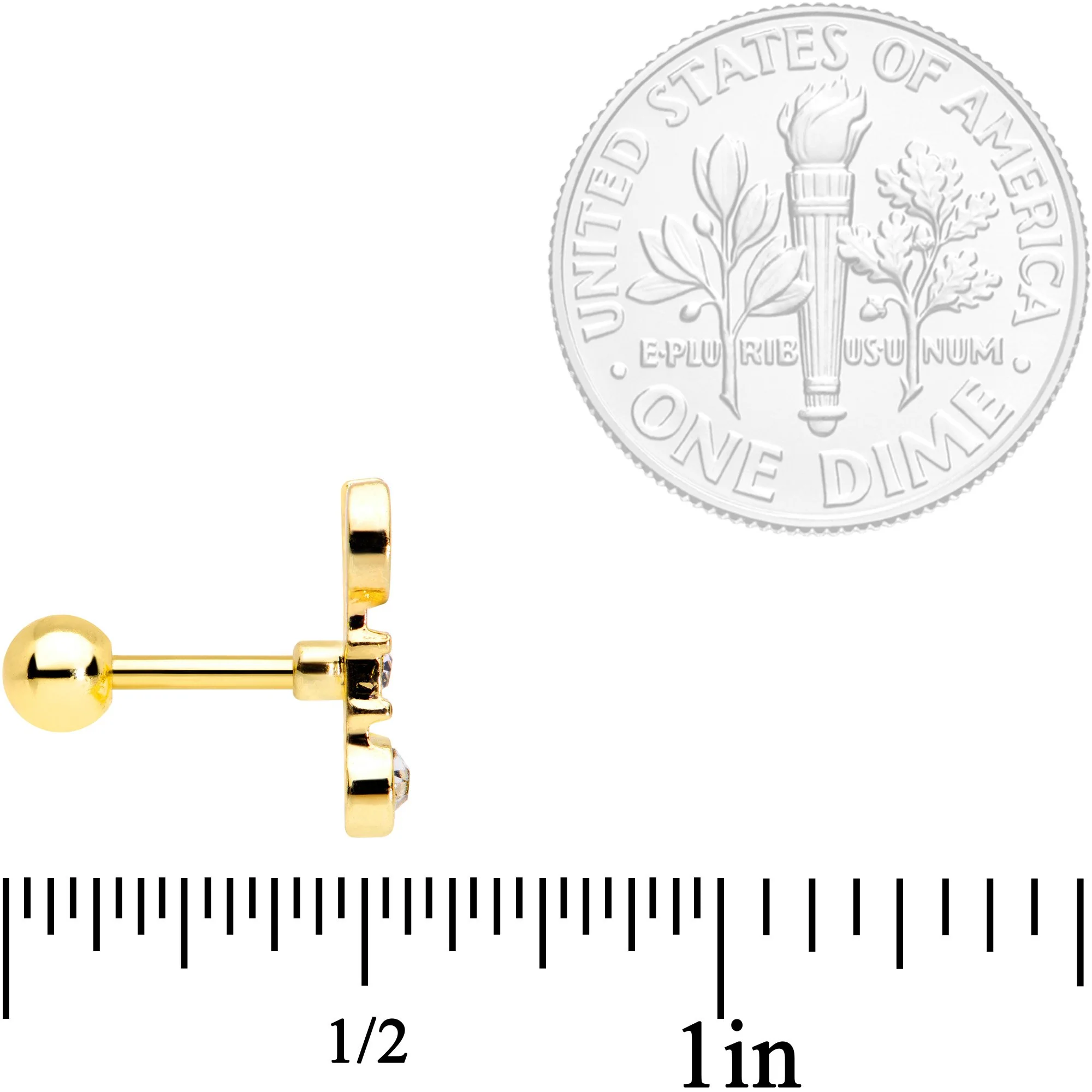 16G 1/4 Clear CZ Gem Gold Tone Crescent Wrench Cartilage Tragus - Image 4