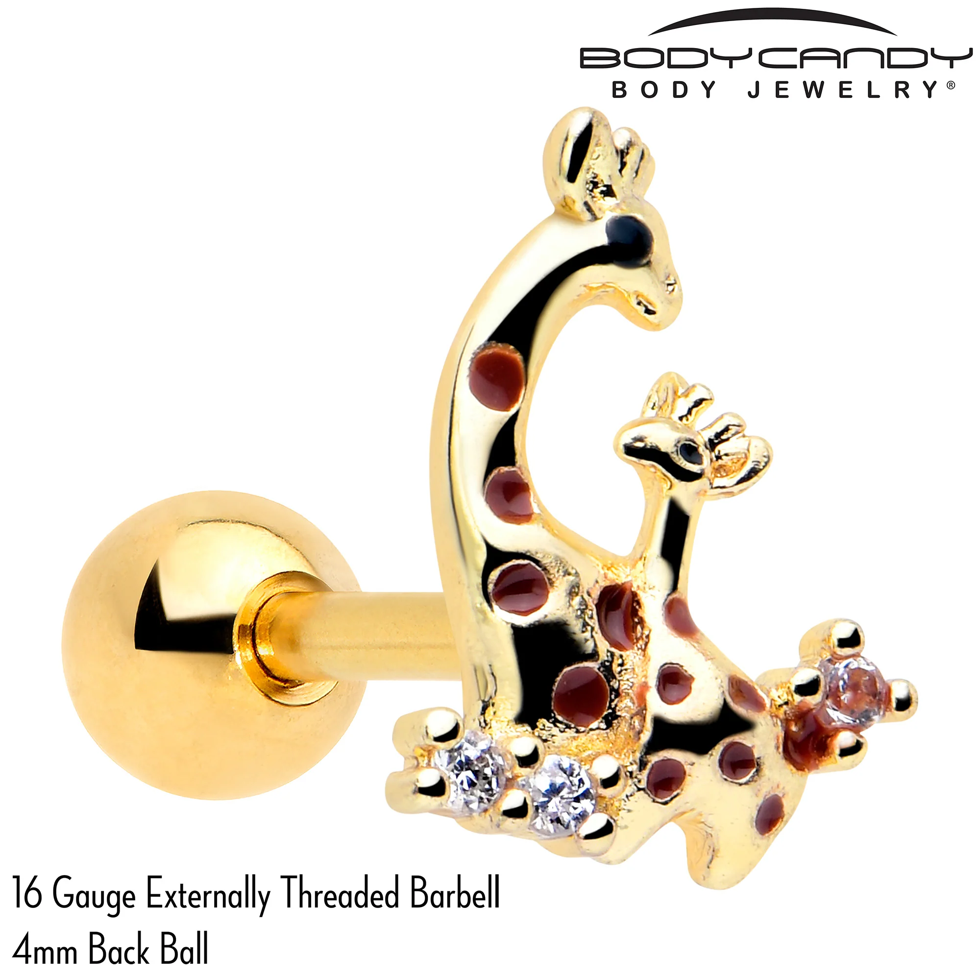 16G 1/4 Clear CZ Gem Gold Tone Mom Baby Giraffes Cartilage Earring - Image 2