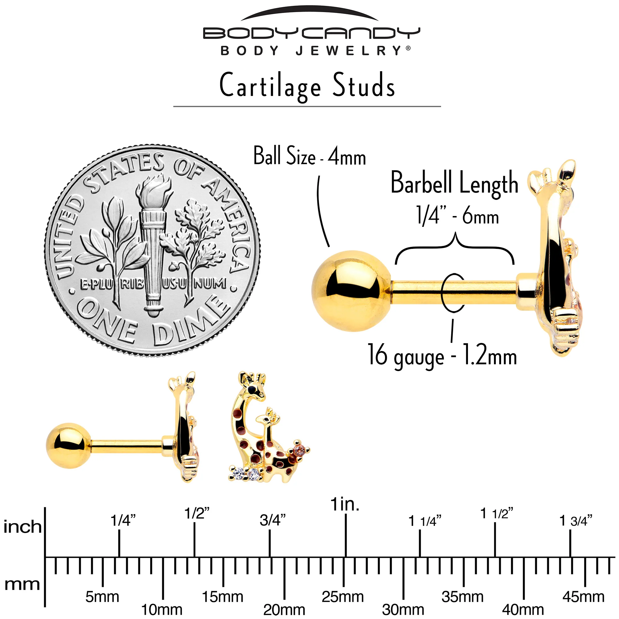 16G 1/4 Clear CZ Gem Gold Tone Mom Baby Giraffes Cartilage Earring - Image 5
