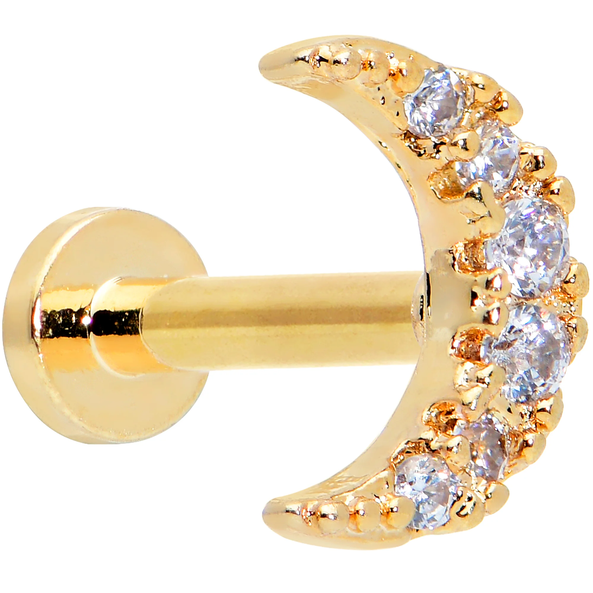 16G 1/4 Clear CZ Gem Gold Tone Moon Internal Thread Labret Tragus