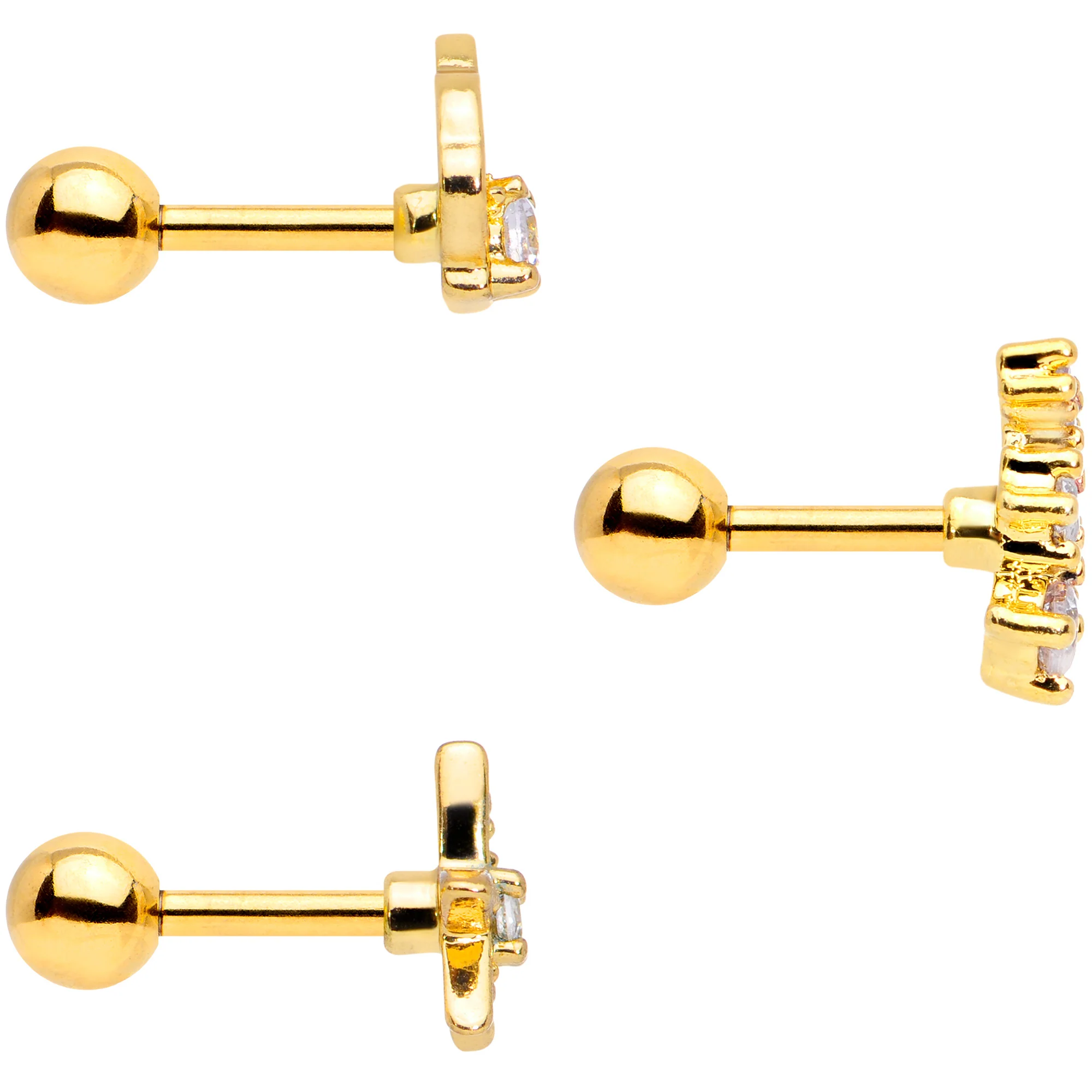 16G 1/4 Clear CZ Gem Gold Tone Nautical Cartilage Tragus Set of 3 - Image 3