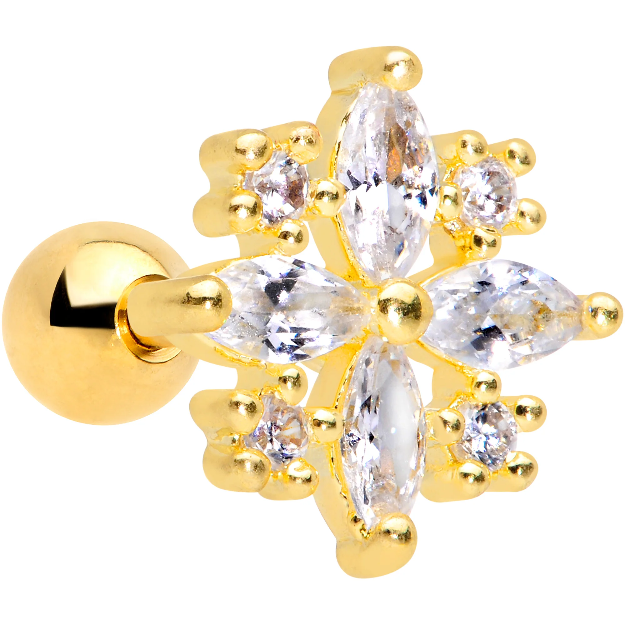 16G 1/4 Clear CZ Gem Gold Tone Star Burst Cartilage Tragus