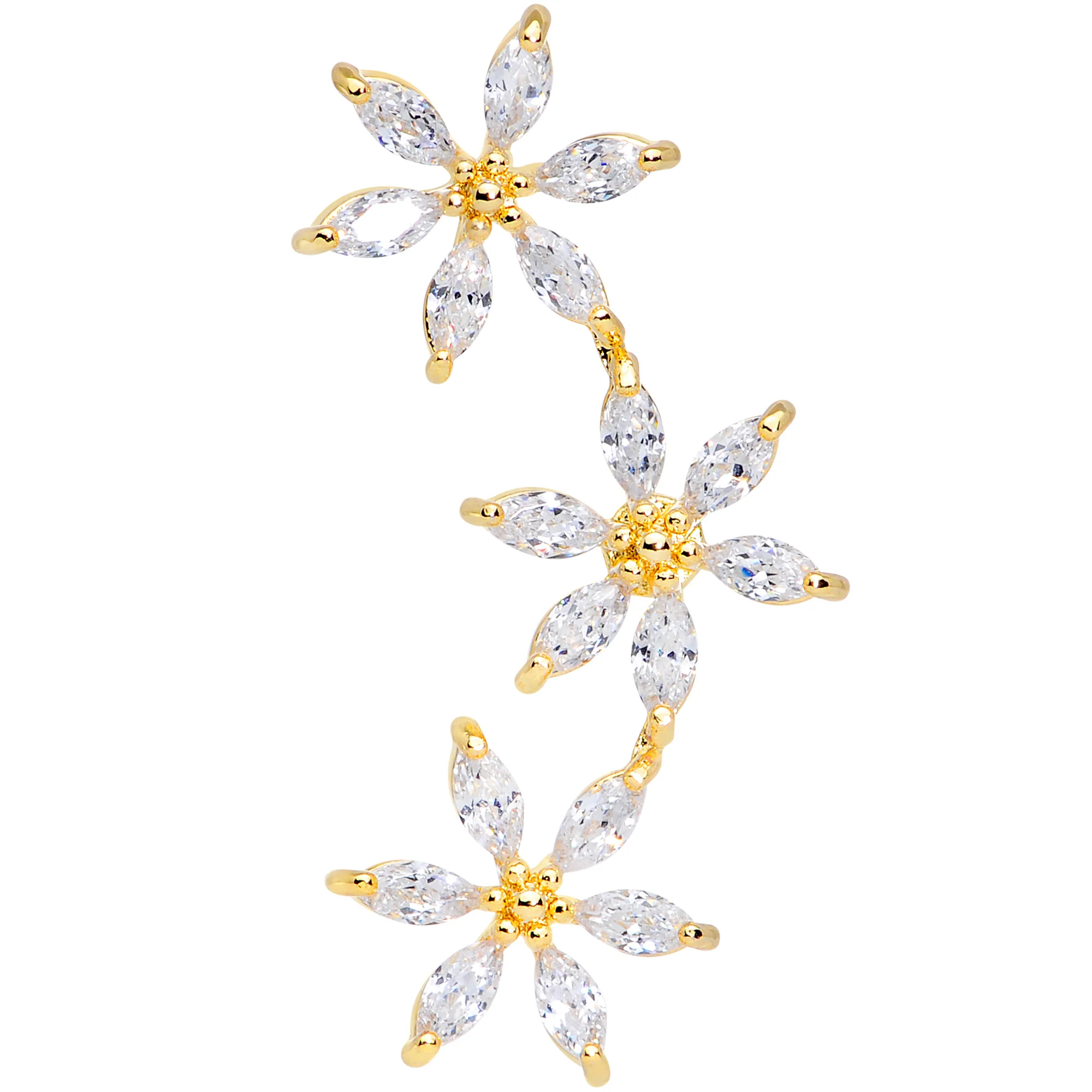 16G 1/4 Clear CZ Gem Gold Tone Tri Flower Cartilage - Image 3