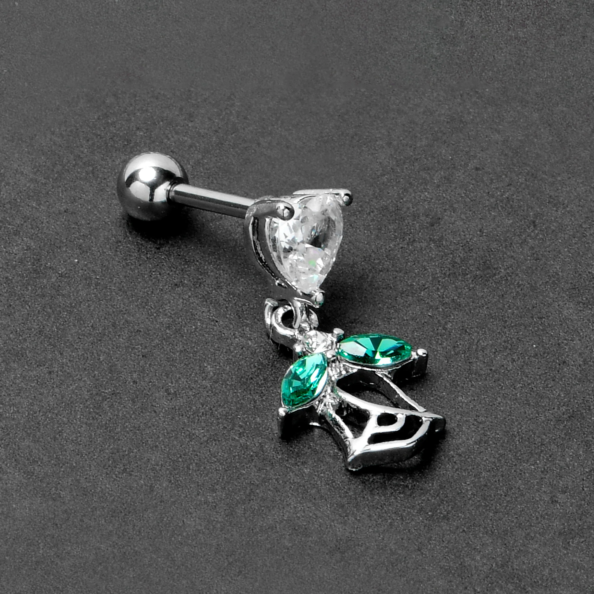 16G 1/4 Clear CZ Gem Heart And Rose Dangle Cartilage Earring - Image 6