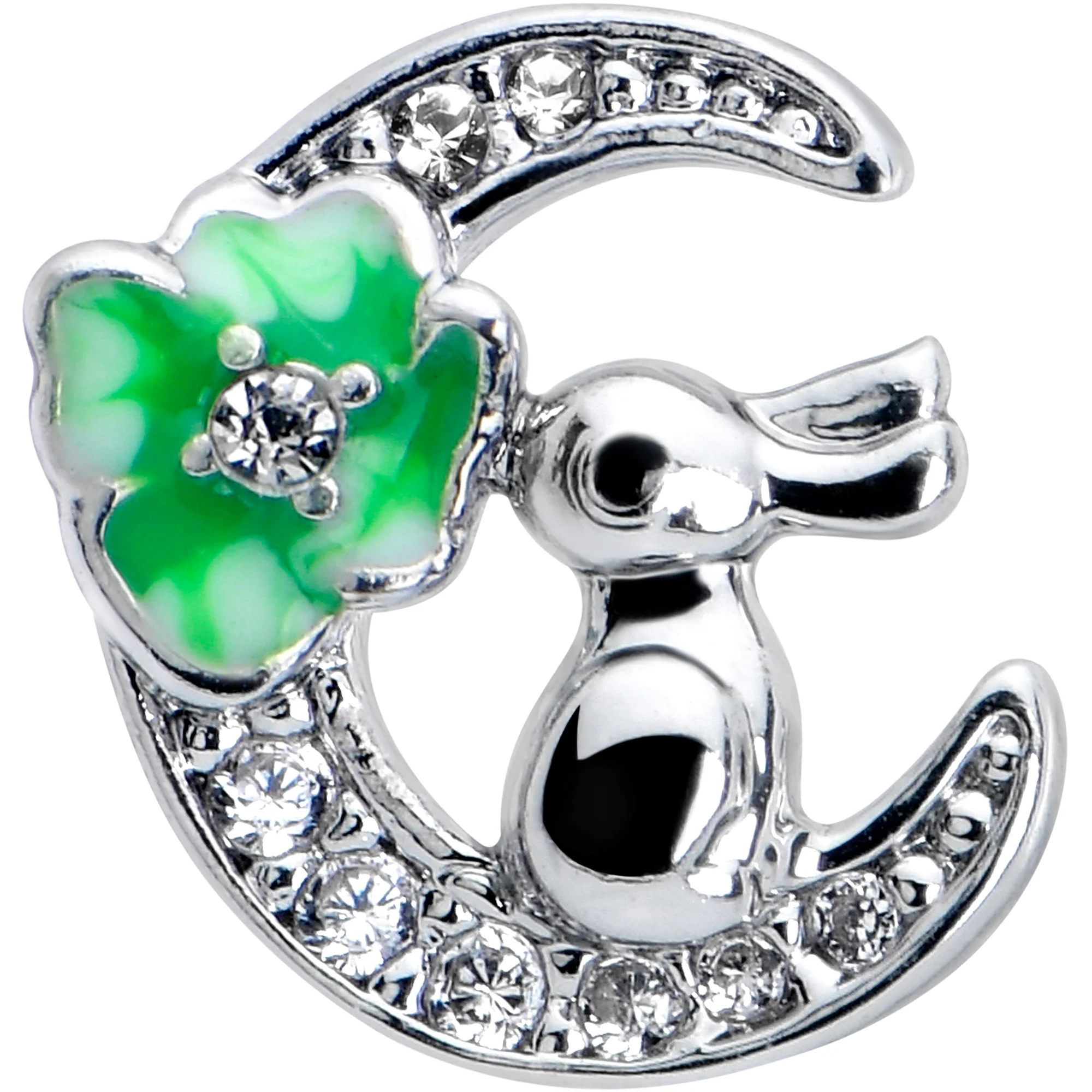 16G 1/4 Clear CZ Gem Rabbit on the Moon Green Cartilage Earring - Image 2