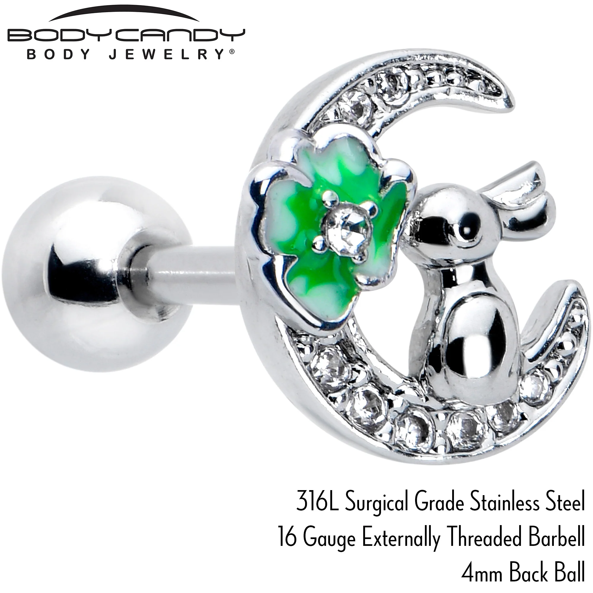 16G 1/4 Clear CZ Gem Rabbit on the Moon Green Cartilage Earring - Image 4
