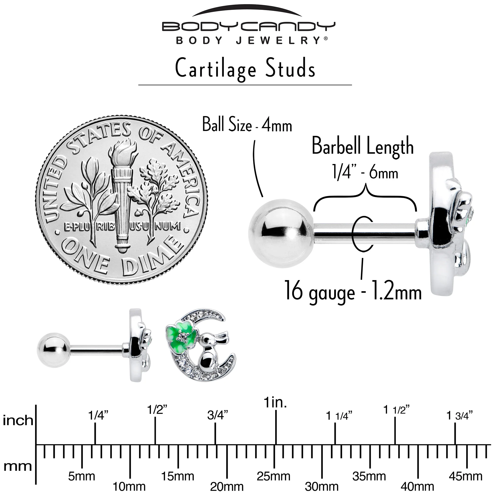 16G 1/4 Clear CZ Gem Rabbit on the Moon Green Cartilage Earring - Image 5