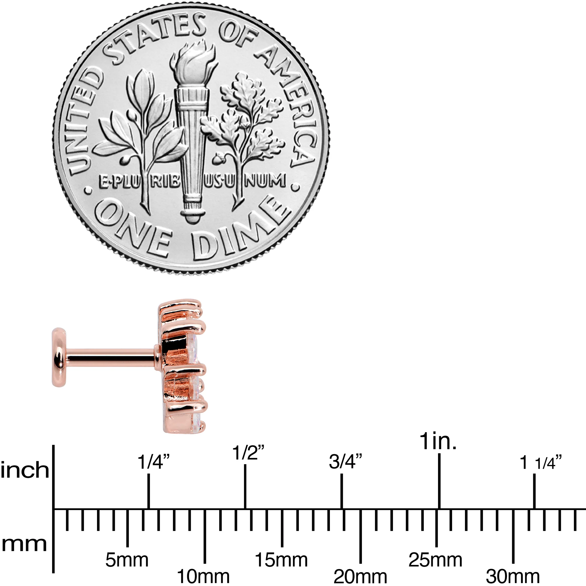 16G 1/4 Clear CZ Gem Rose Gold Hue Fan Internally Thread Labret - Image 4