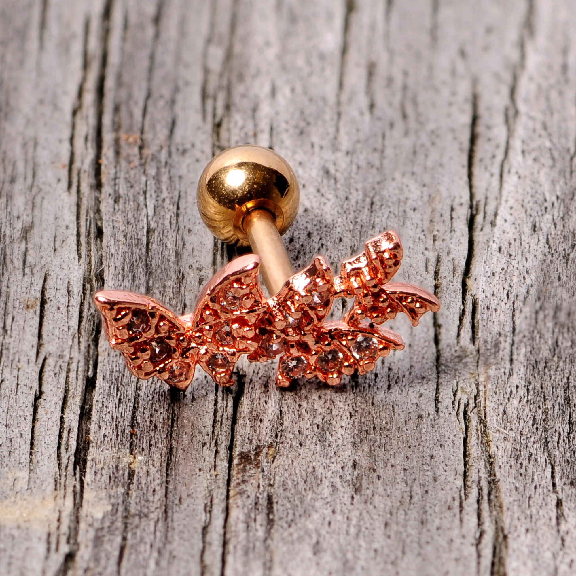 16G 1/4 Clear CZ Gem Rose Gold Tone Butterfly Trio Cartilage Tragus - Image 4