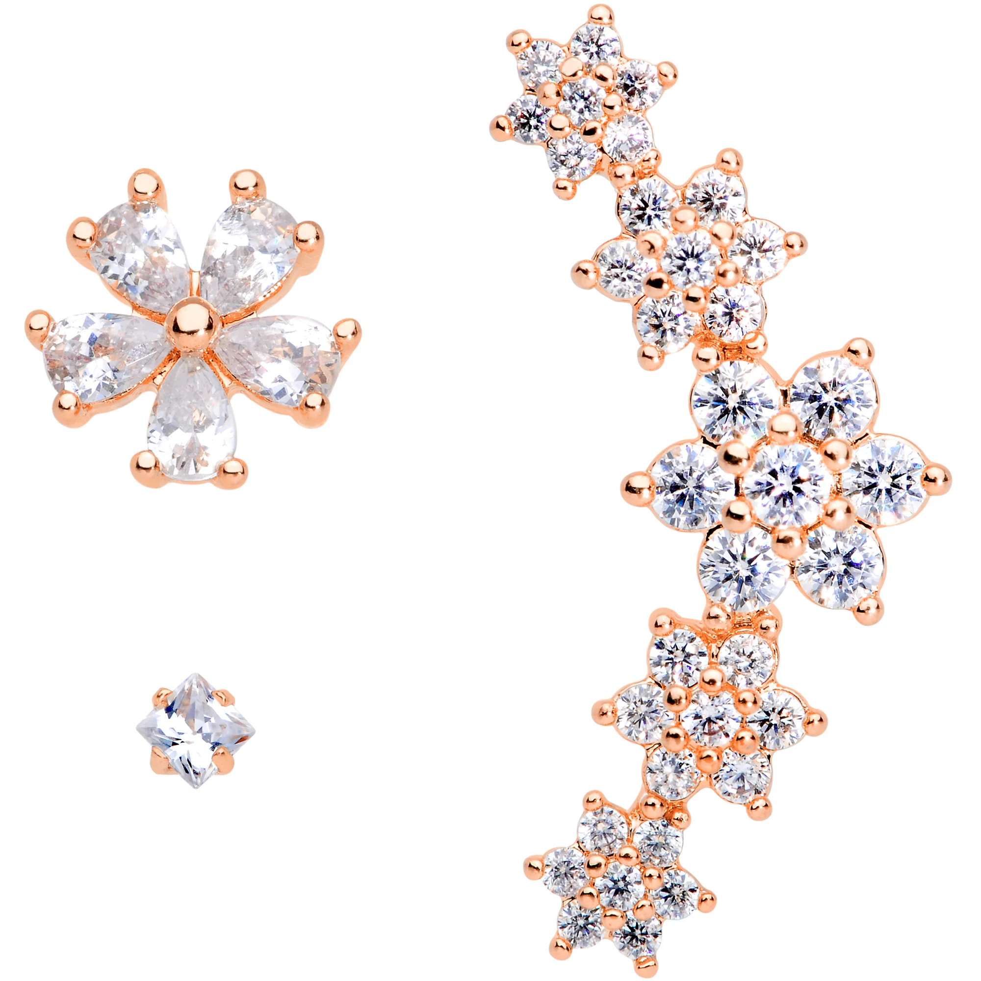 16G 1/4 Clear CZ Gem Rose Gold Tone Floral Labret Tragus Set of 3 - Image 2