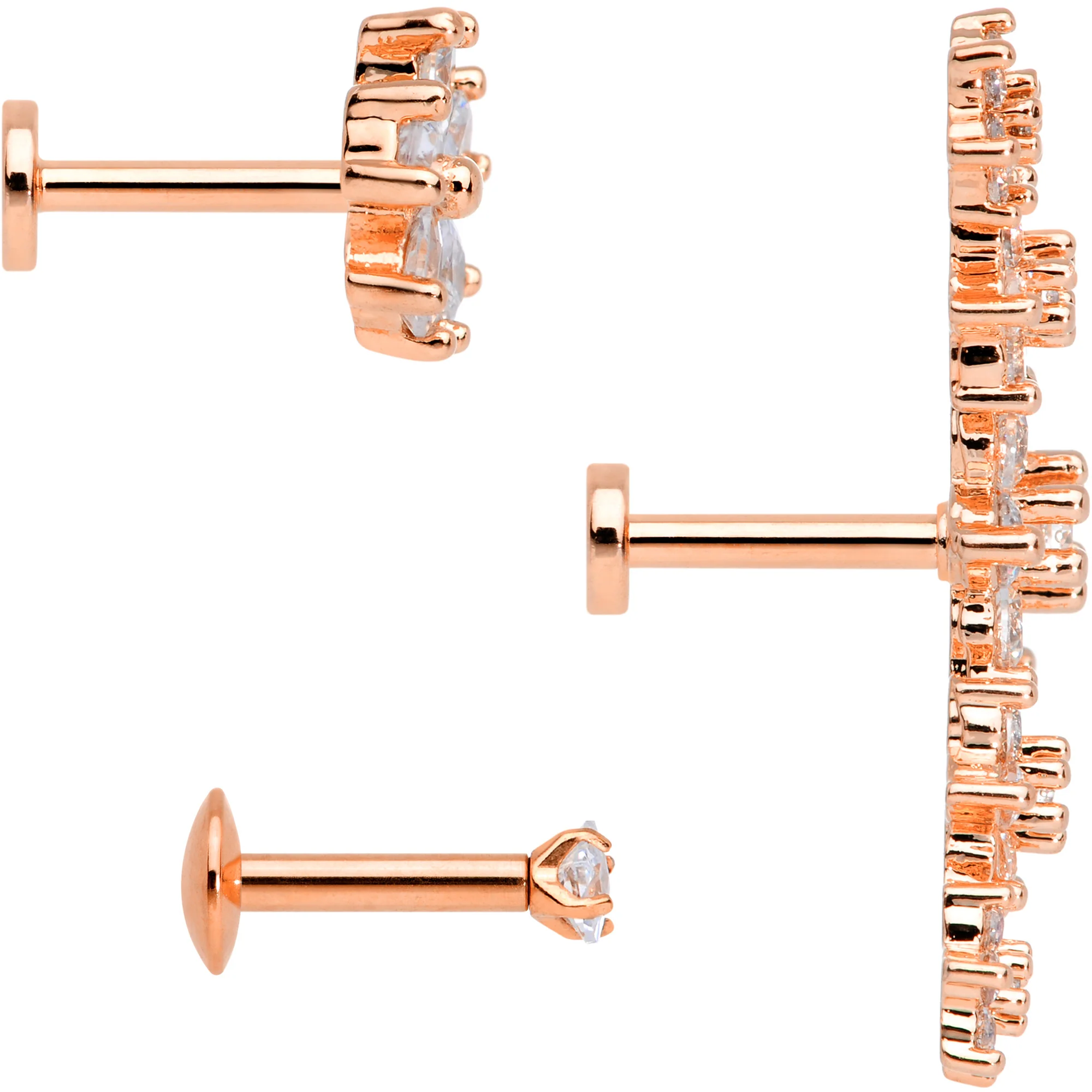 16G 1/4 Clear CZ Gem Rose Gold Tone Floral Labret Tragus Set of 3 - Image 3