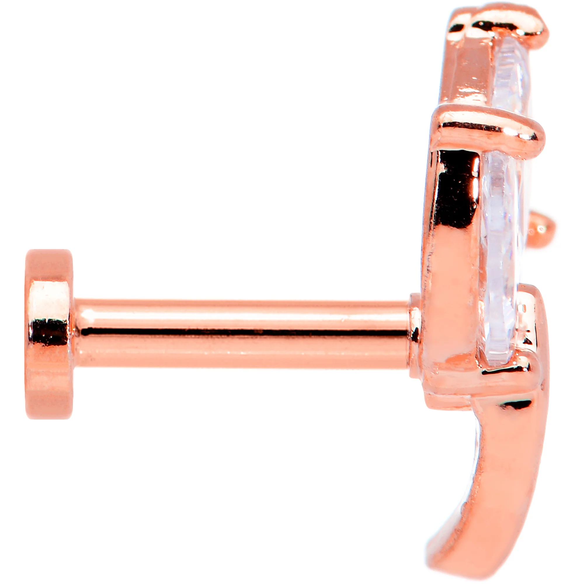 16G 1/4 Clear CZ Gem Rose Gold Tone Leaves Internal Thread Labret - Image 3