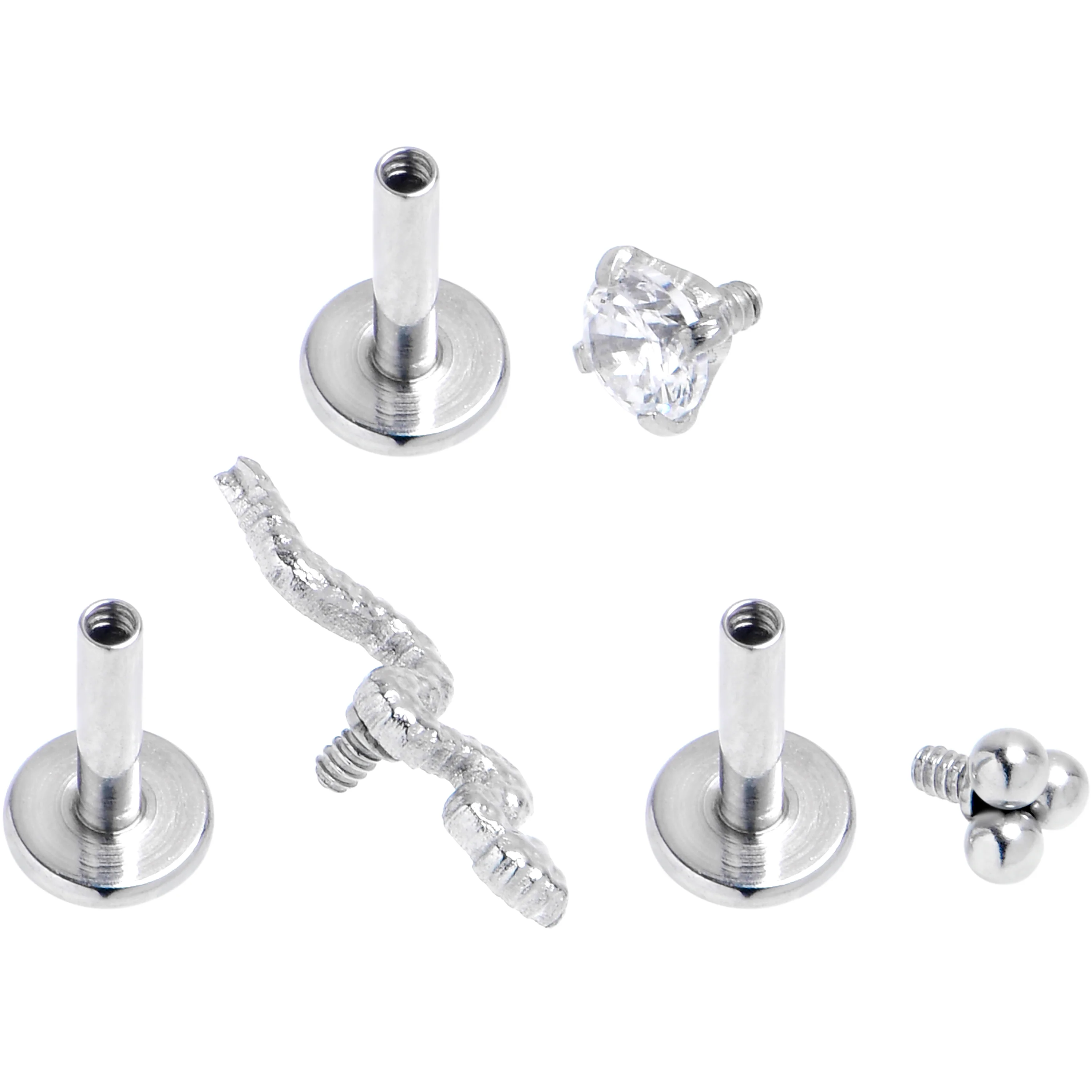16G 1/4 Clear CZ Gem Snake Ball Trio Labret Tragus Set of 3 - Image 2
