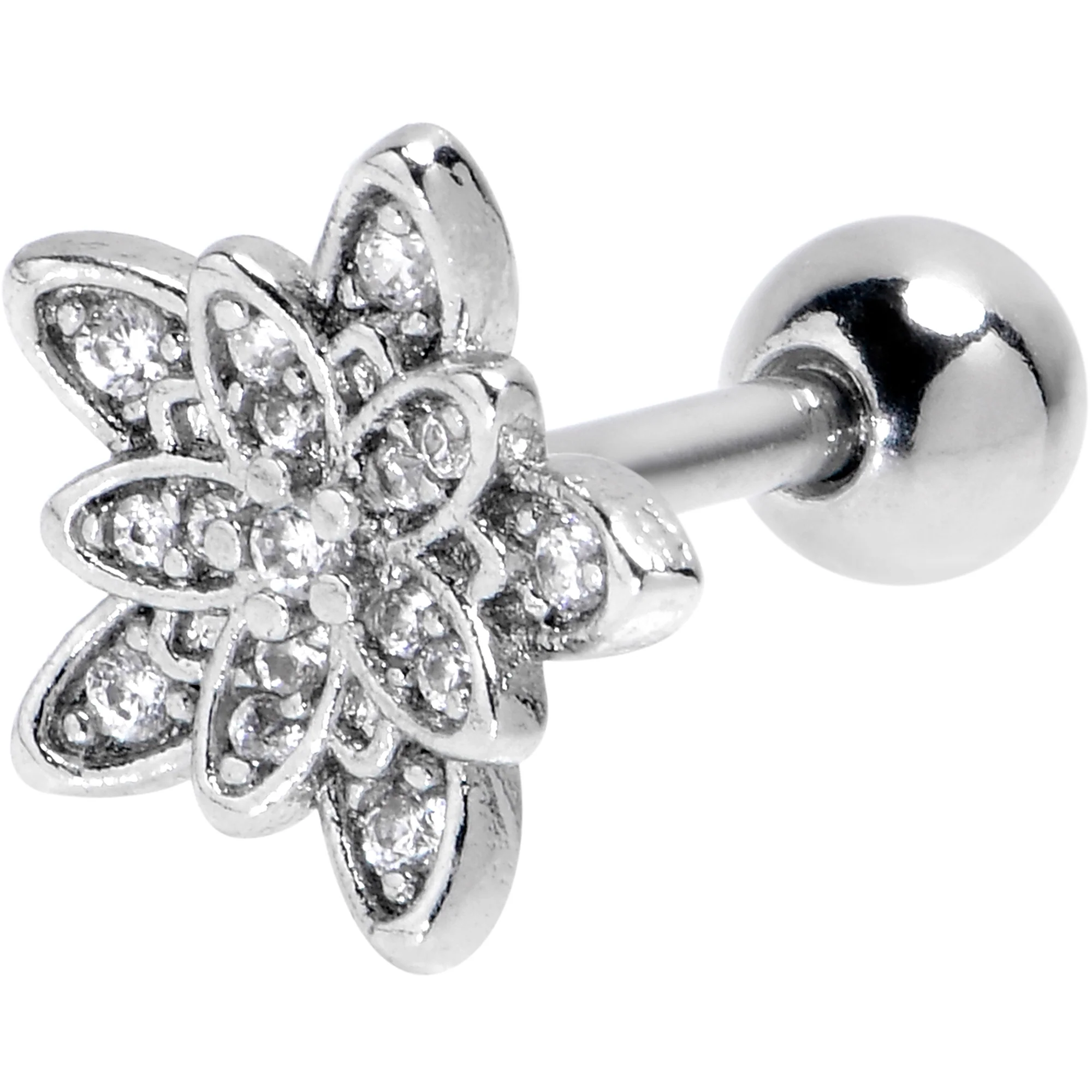 16G 1/4 Clear CZ Gem Snowflake Flower Cartilage Tragus Earring