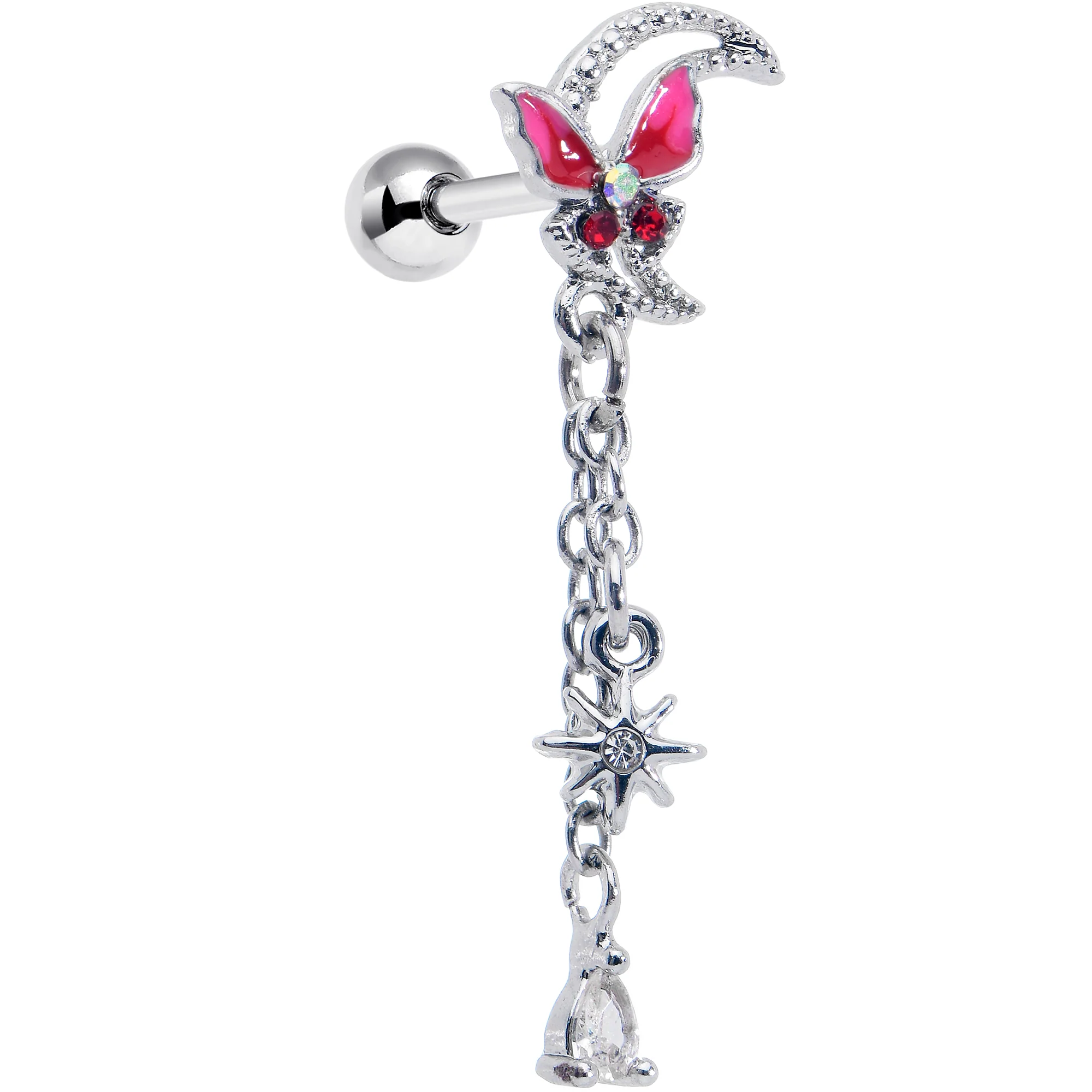 16G 1/4 Clear Gem Butterfly Pink Beauty Dangle Cartilage Earring