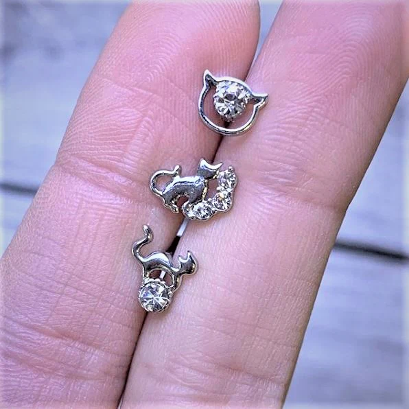 16G 1/4 Clear Gem Cat Theme Cartilage Tragus Earring Set of 3 - Image 2