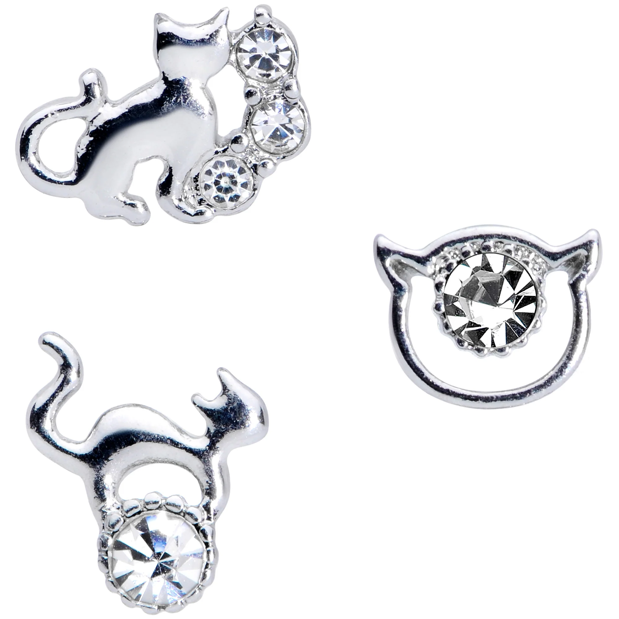 16G 1/4 Clear Gem Cat Theme Cartilage Tragus Earring Set of 3 - Image 3
