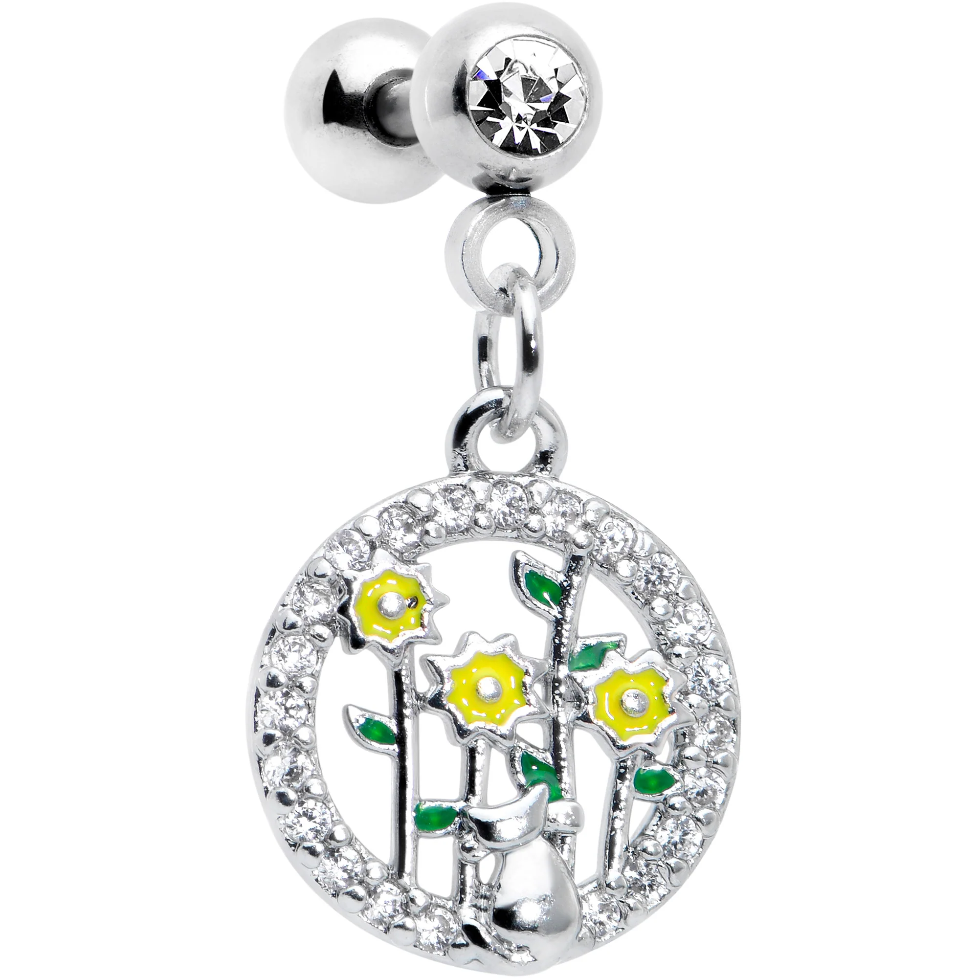 16G 1/4 Clear Gem Cat Yellow Flowers Dangle Cartilage Earring - Image 2