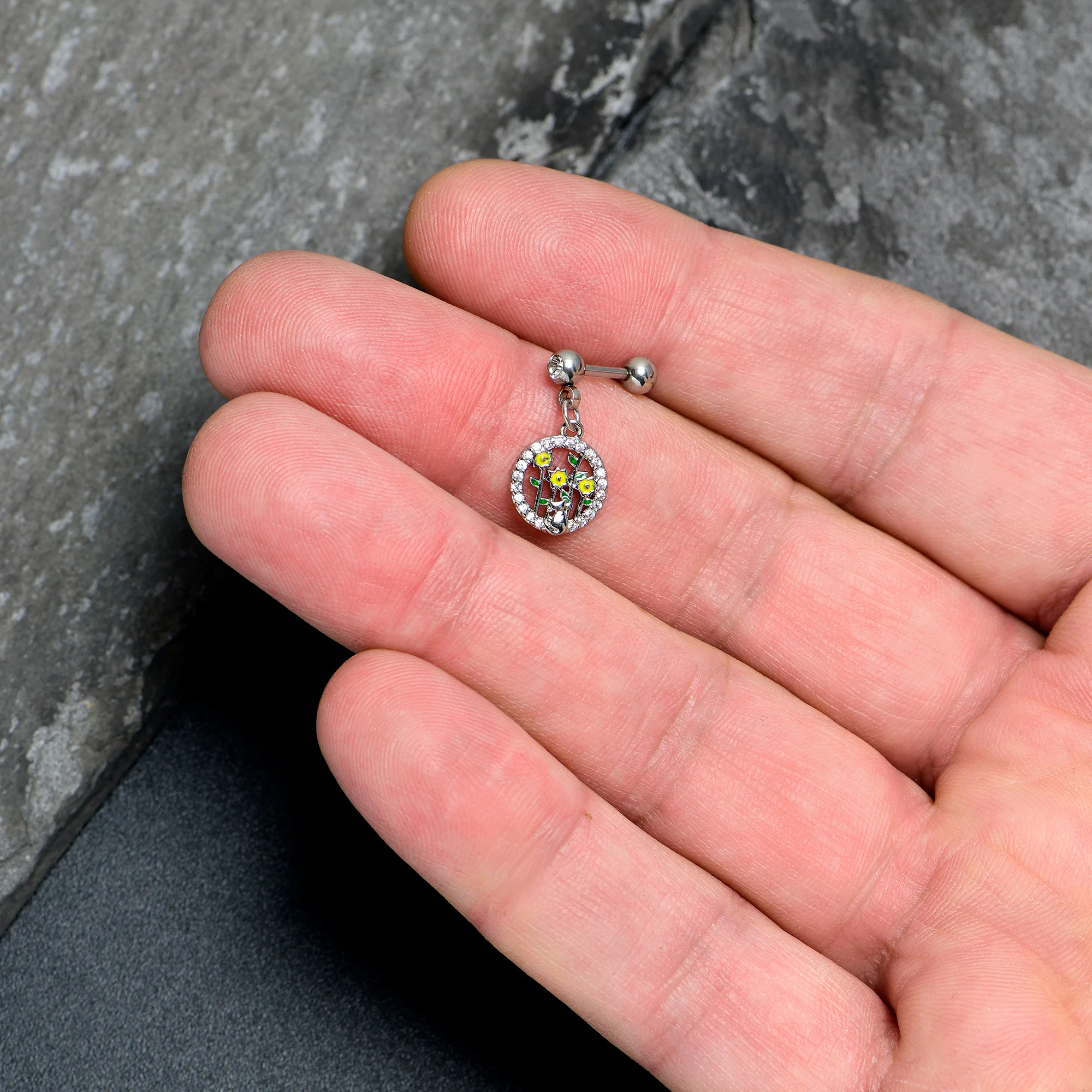 16G 1/4 Clear Gem Cat Yellow Flowers Dangle Cartilage Earring - Image 4