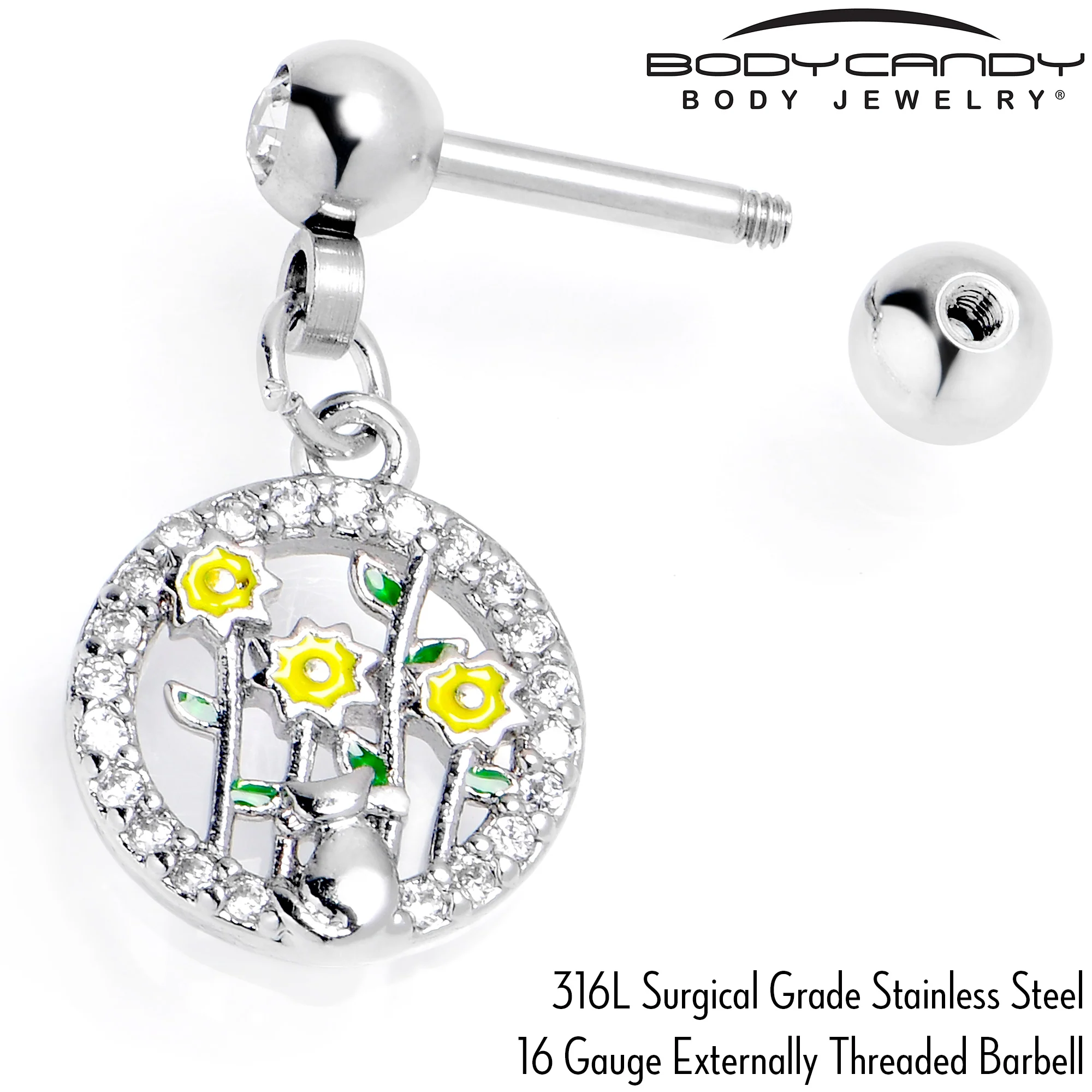 16G 1/4 Clear Gem Cat Yellow Flowers Dangle Cartilage Earring - Image 5