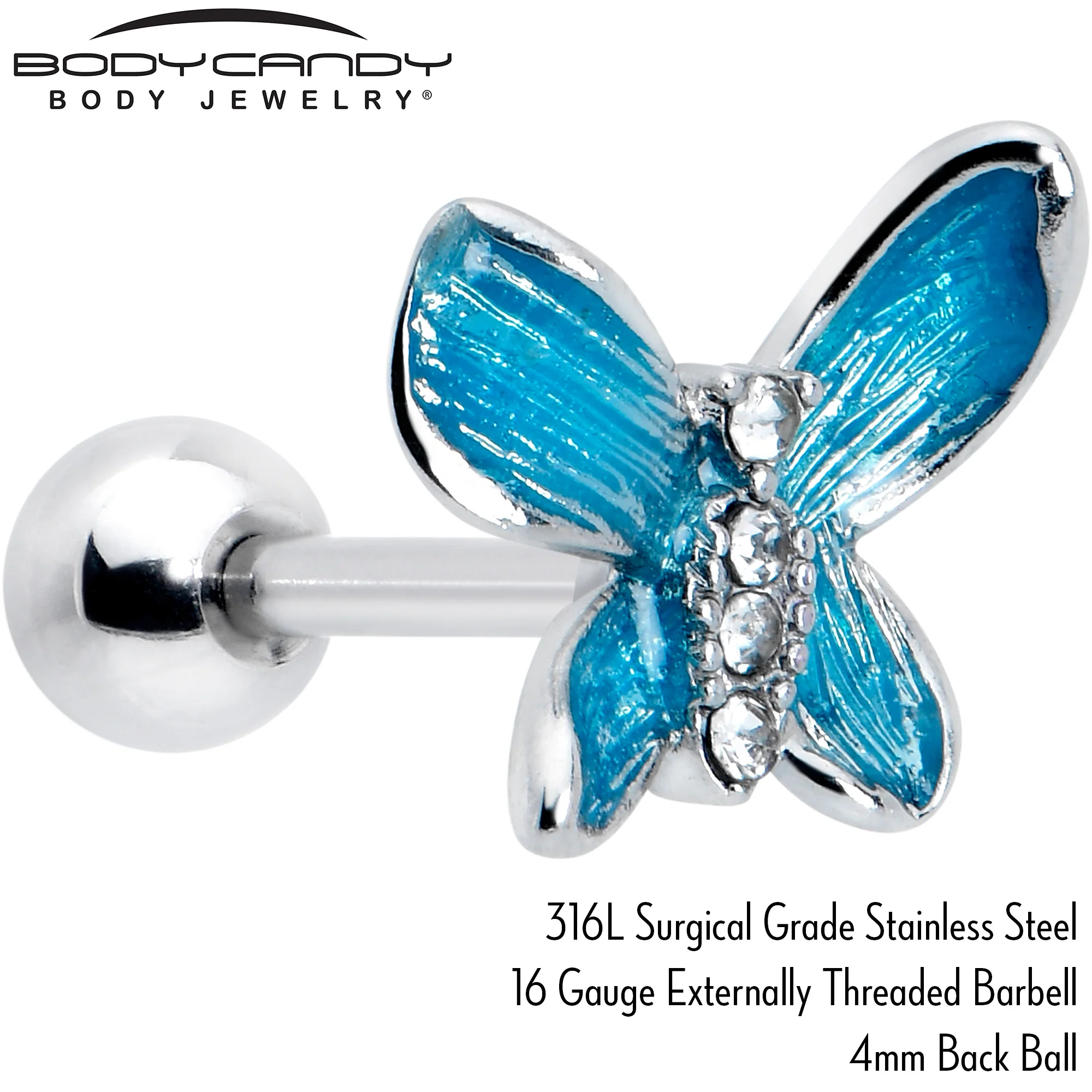 16G 1/4 Clear Gem Chunky Butterfly Blue Cartilage Tragus Earring - Image 4