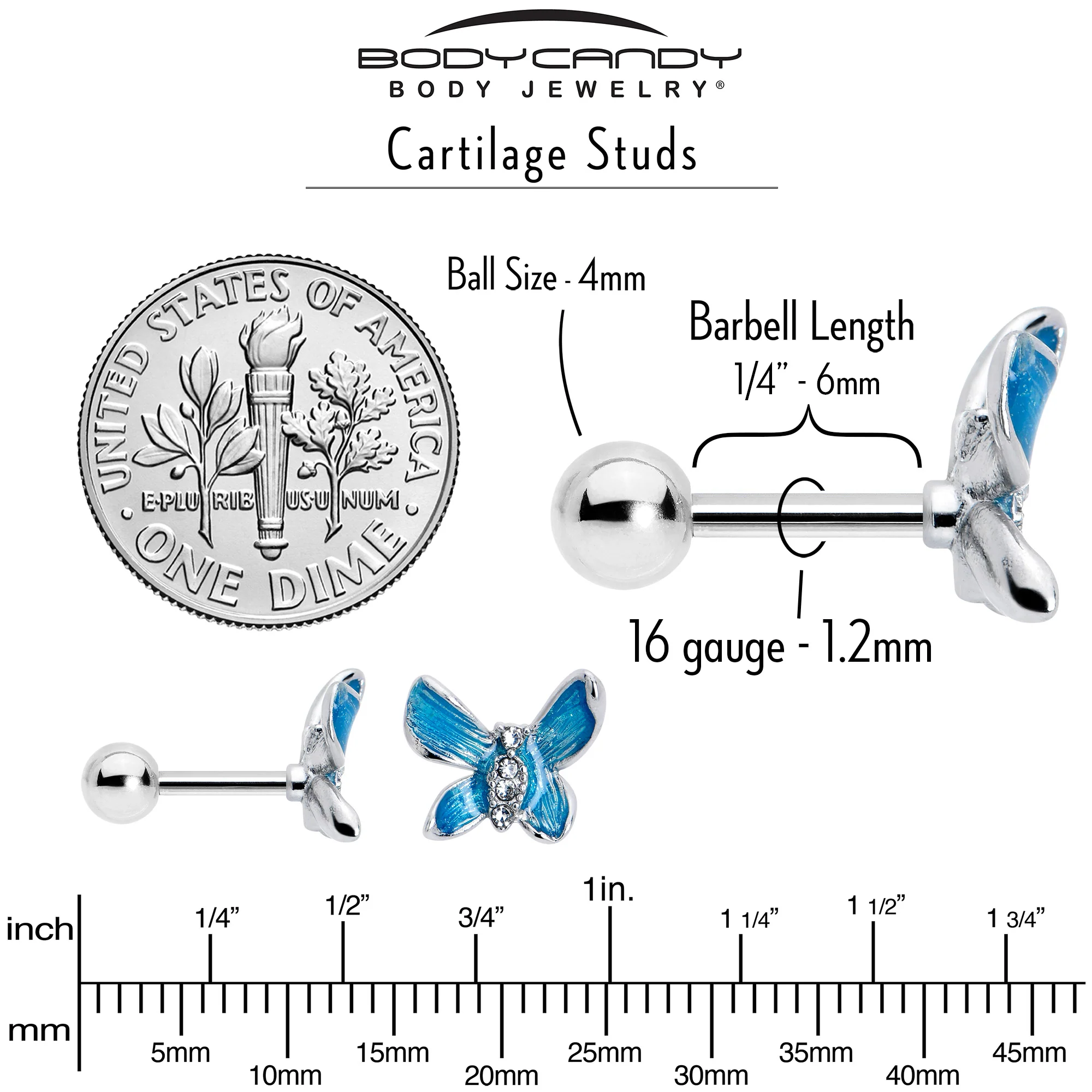 16G 1/4 Clear Gem Chunky Butterfly Blue Cartilage Tragus Earring - Image 5