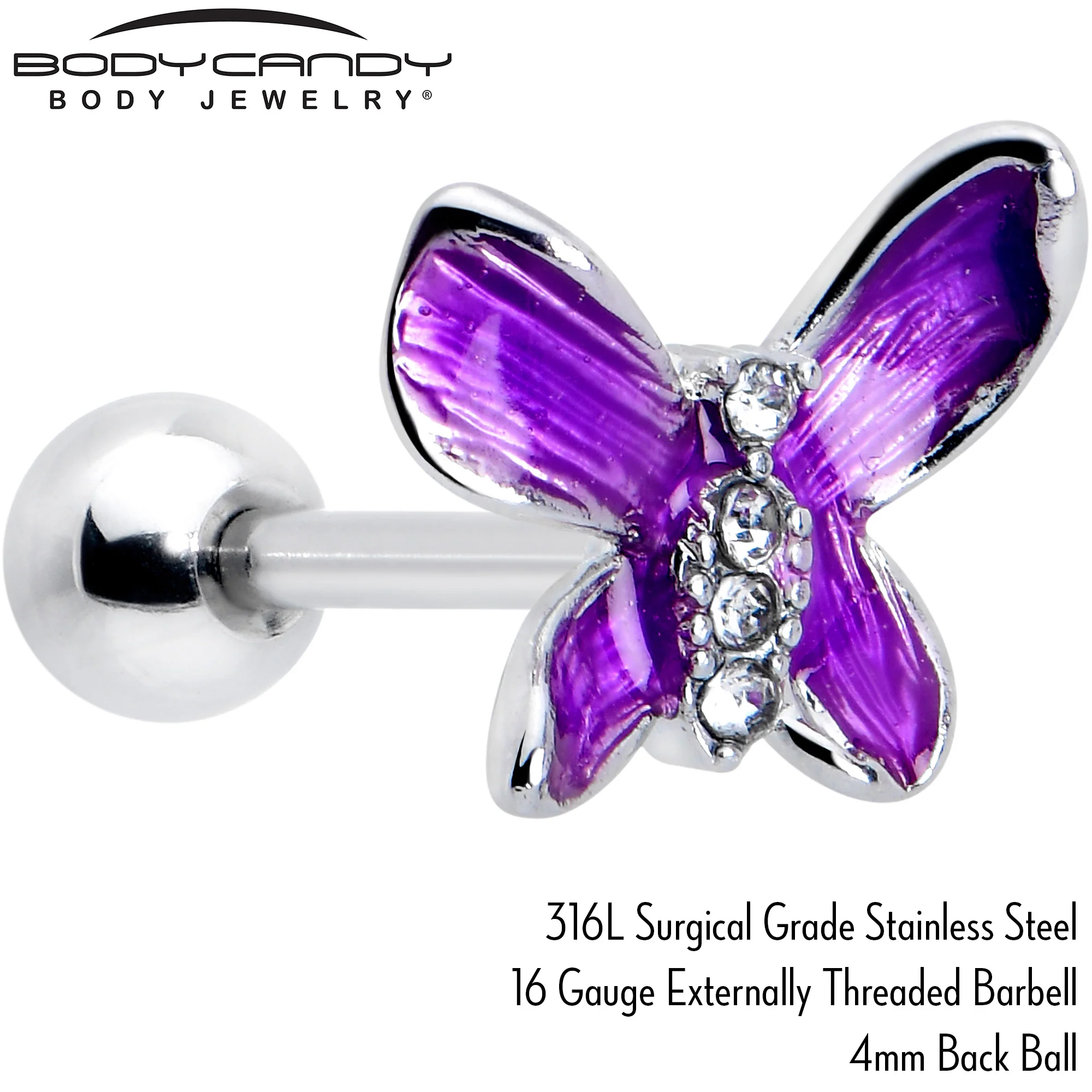 16G 1/4 Clear Gem Chunky Butterfly Purple Cartilage Tragus Earring - Image 4