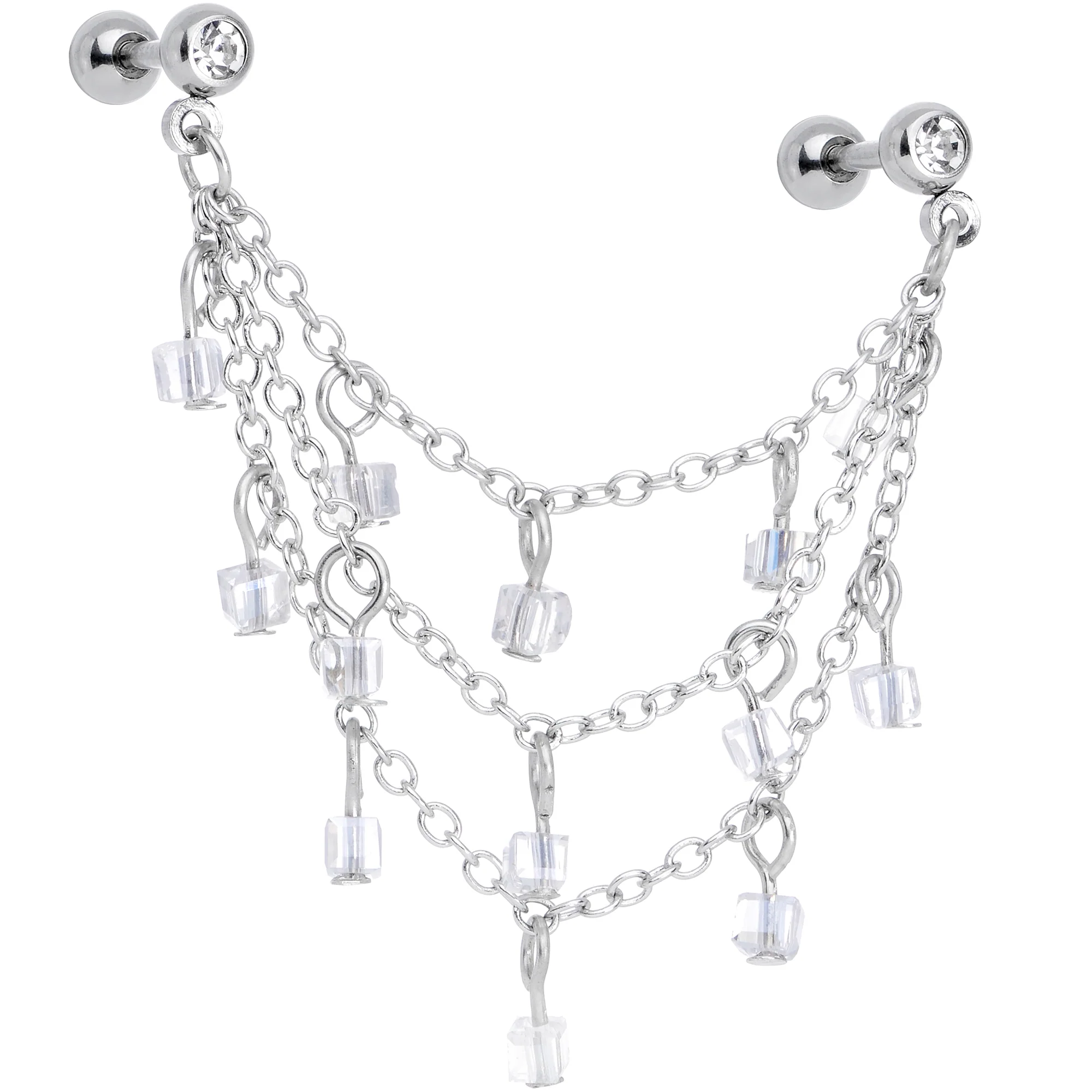 16G 1/4 Clear Gem Clear Cube Triple Dangle Cartilage Chain Earring