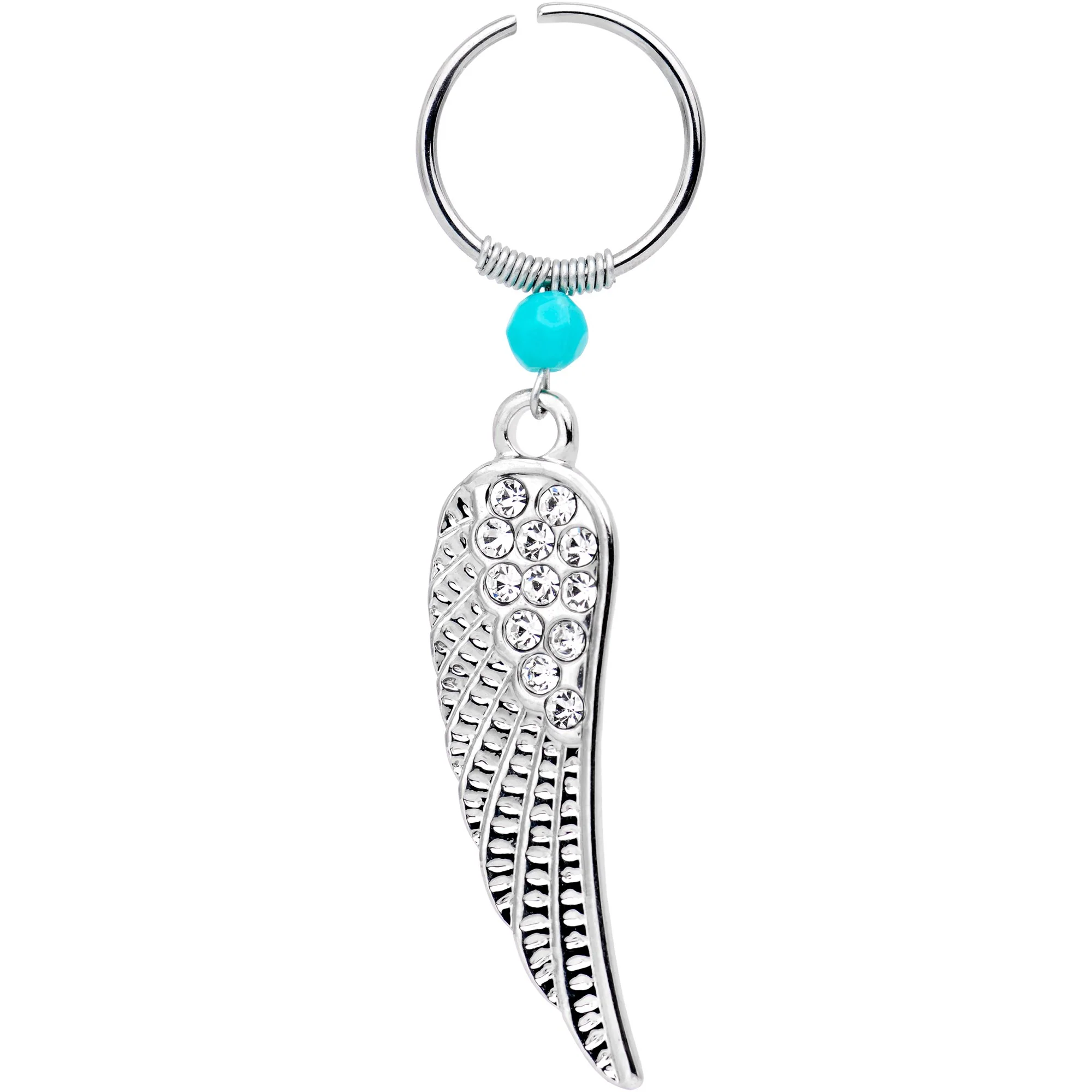 16G 1/4 Clear Gem Feathered Wing Dangle Circular Hoop
