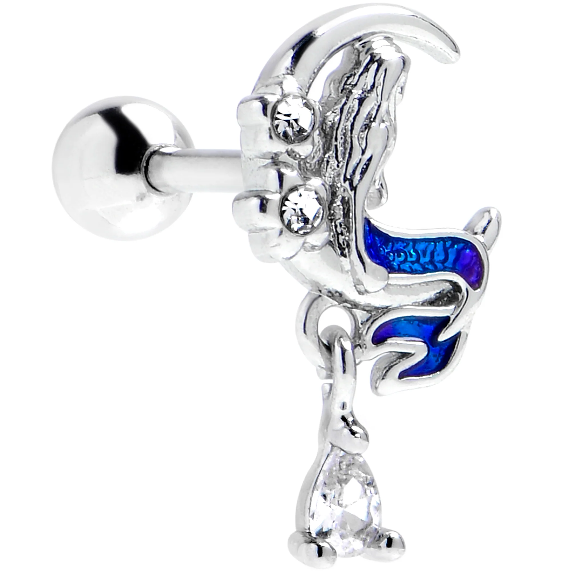 16G 1/4 Clear Gem Floral Mermaid Moon Dangle Cartilage Earring