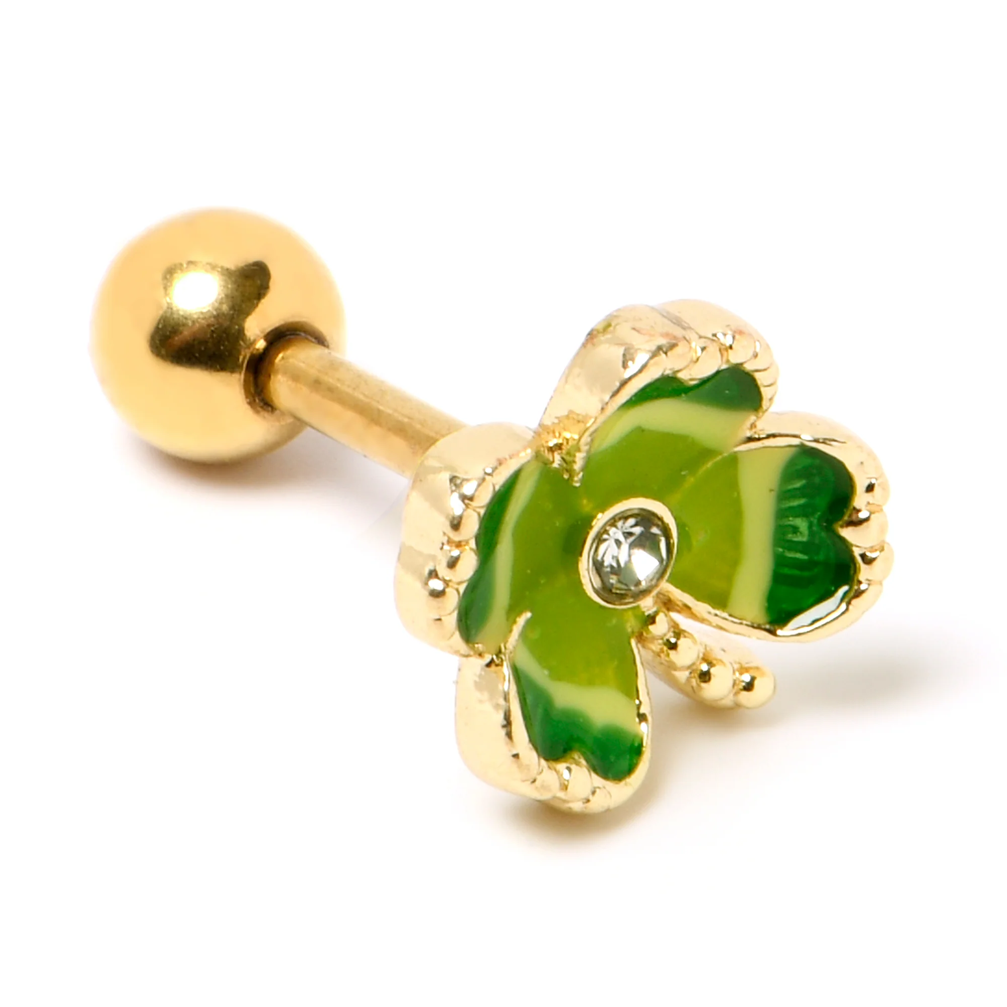 16G 1/4 Clear Gem Gold Hue Lucky Shamrock Cartilage Tragus Earring - Image 6