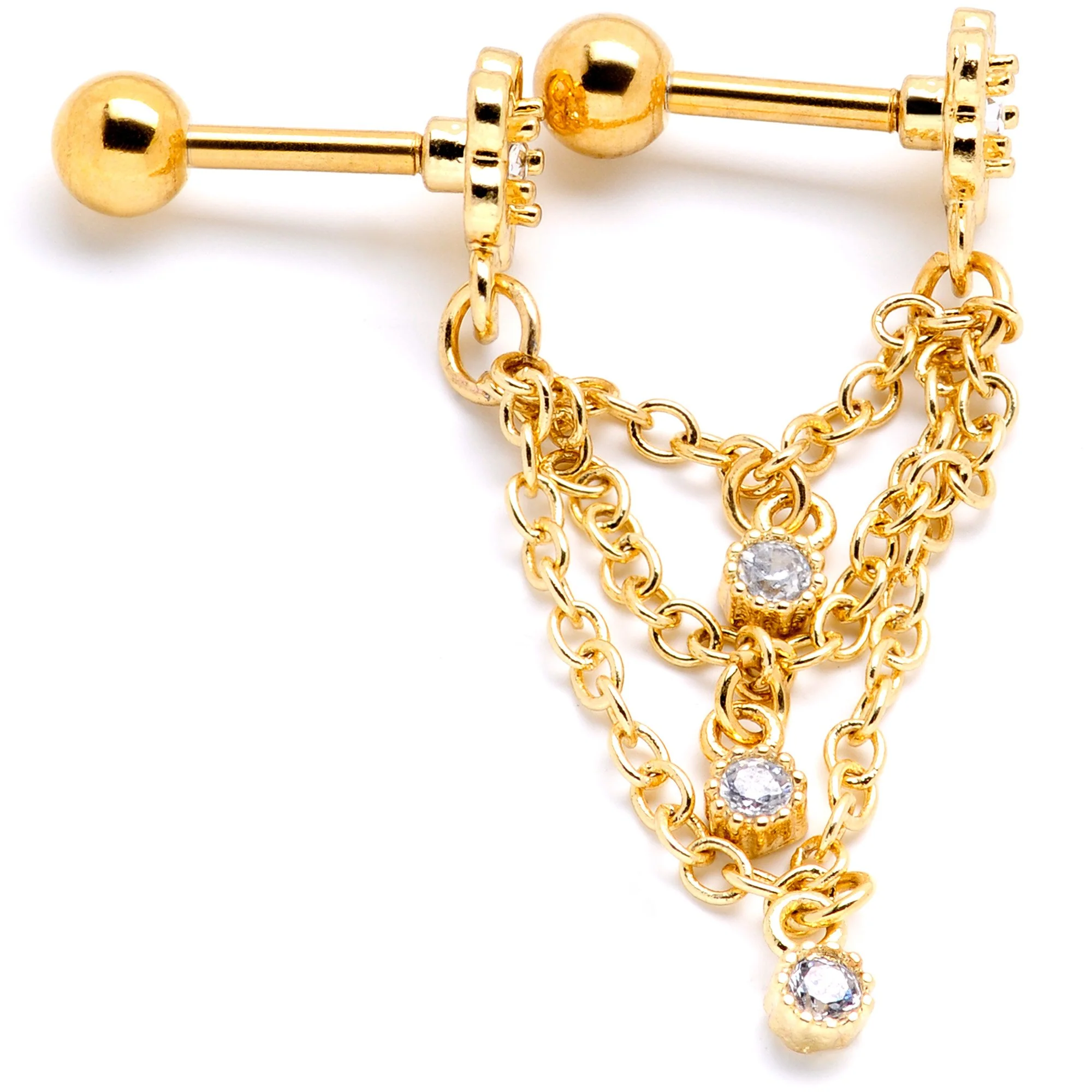 16G 1/4 Clear Gem Gold PVD Flower Cartilage Chain Earring - Image 2