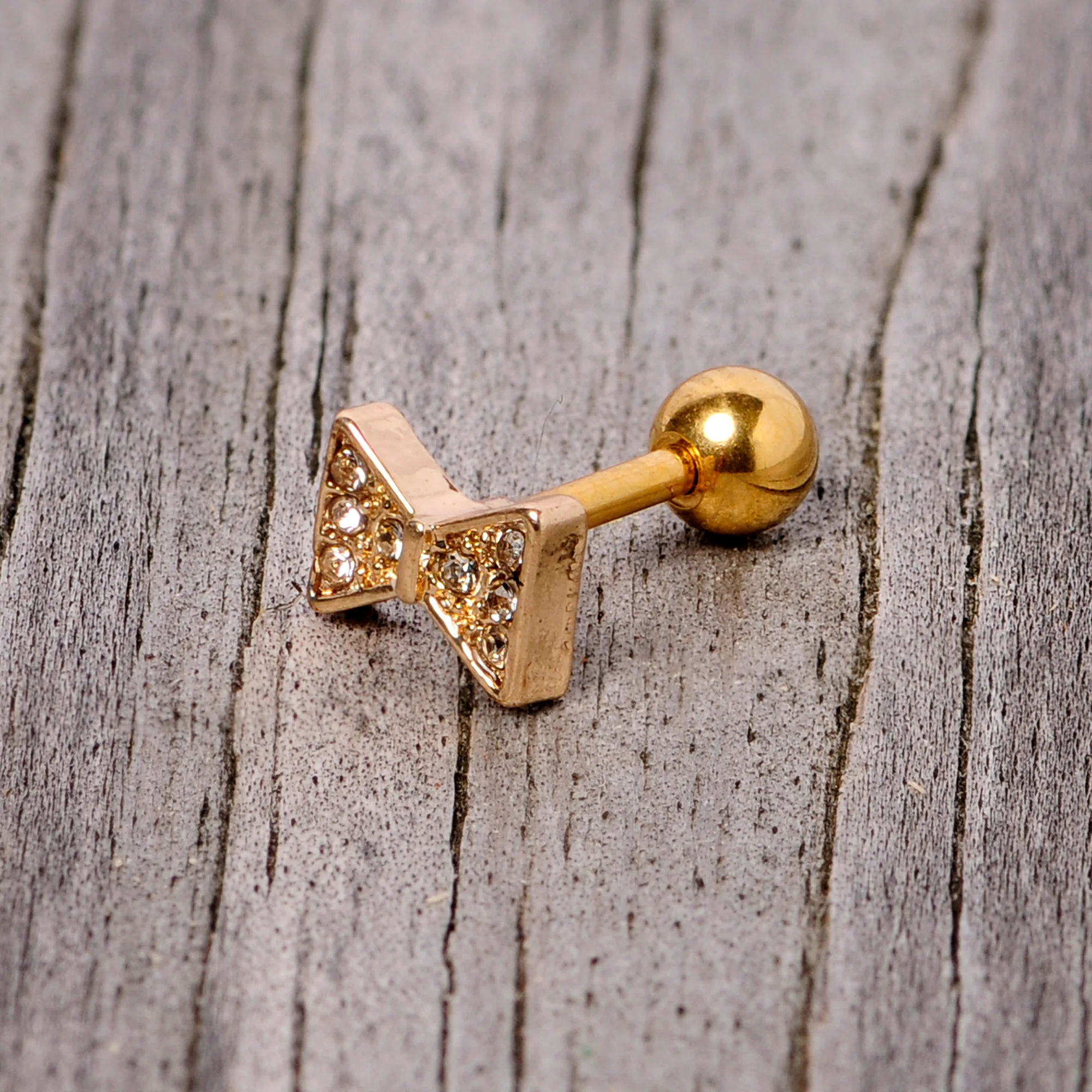 16G 1/4 Clear Gem Gold Tone Bow Tie Cartilage Tragus Earring - Image 5