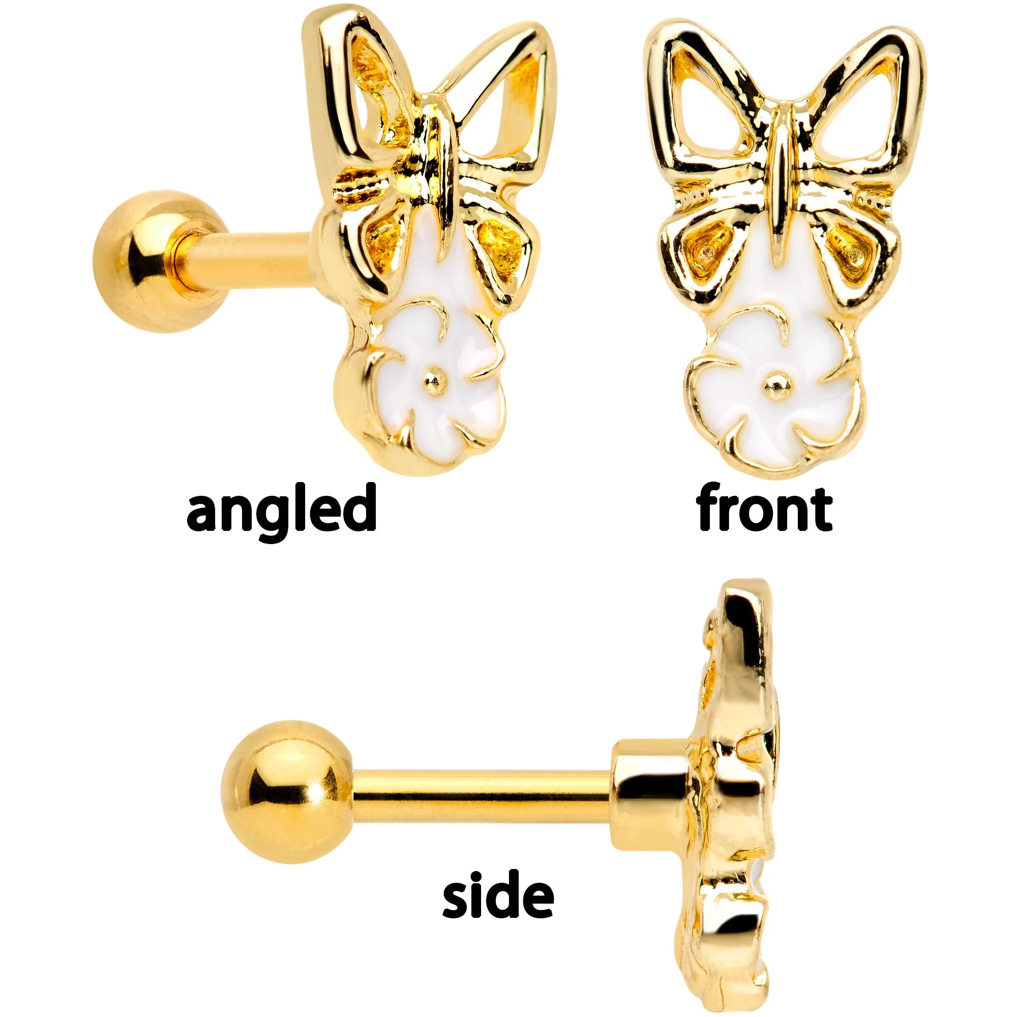 16G 1/4 Clear Gem Gold Tone Butterfly Cartilage Tragus Set of 3 - Image 3