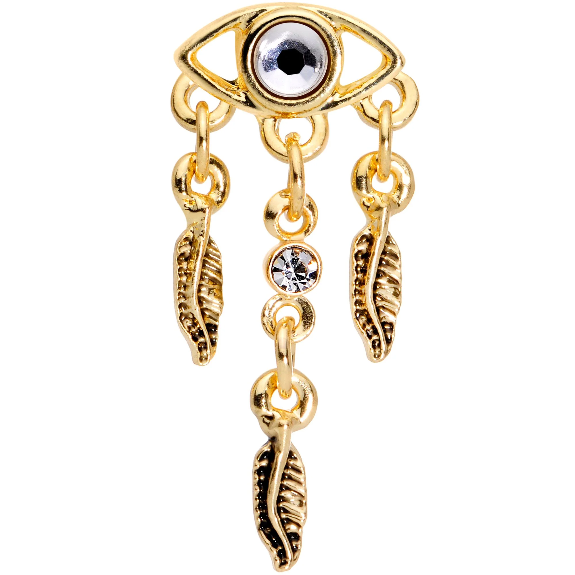 16G 1/4 Clear Gem Gold Tone Eye Feather Cartilage Tragus Earring - Image 2