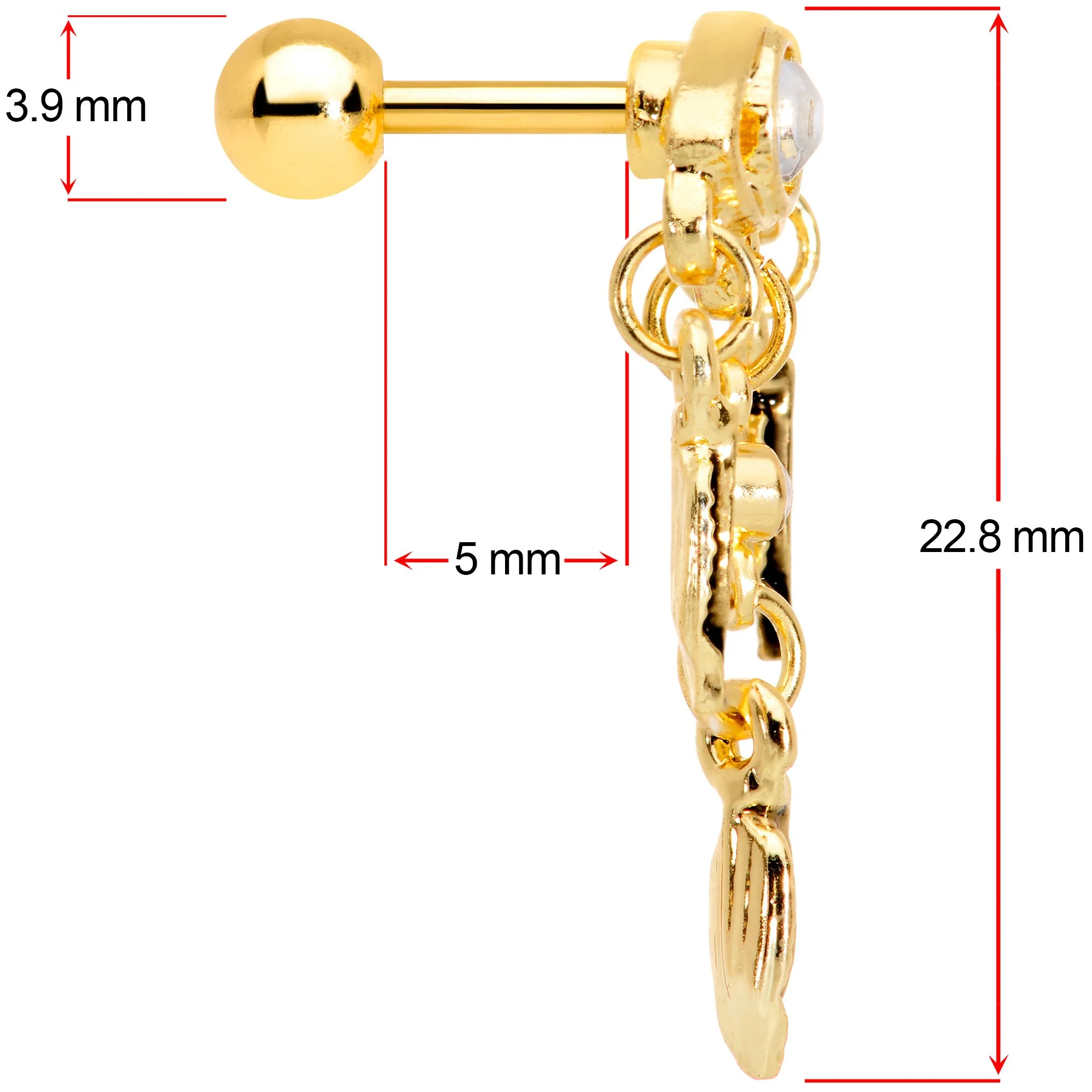 16G 1/4 Clear Gem Gold Tone Eye Feather Cartilage Tragus Earring - Image 4