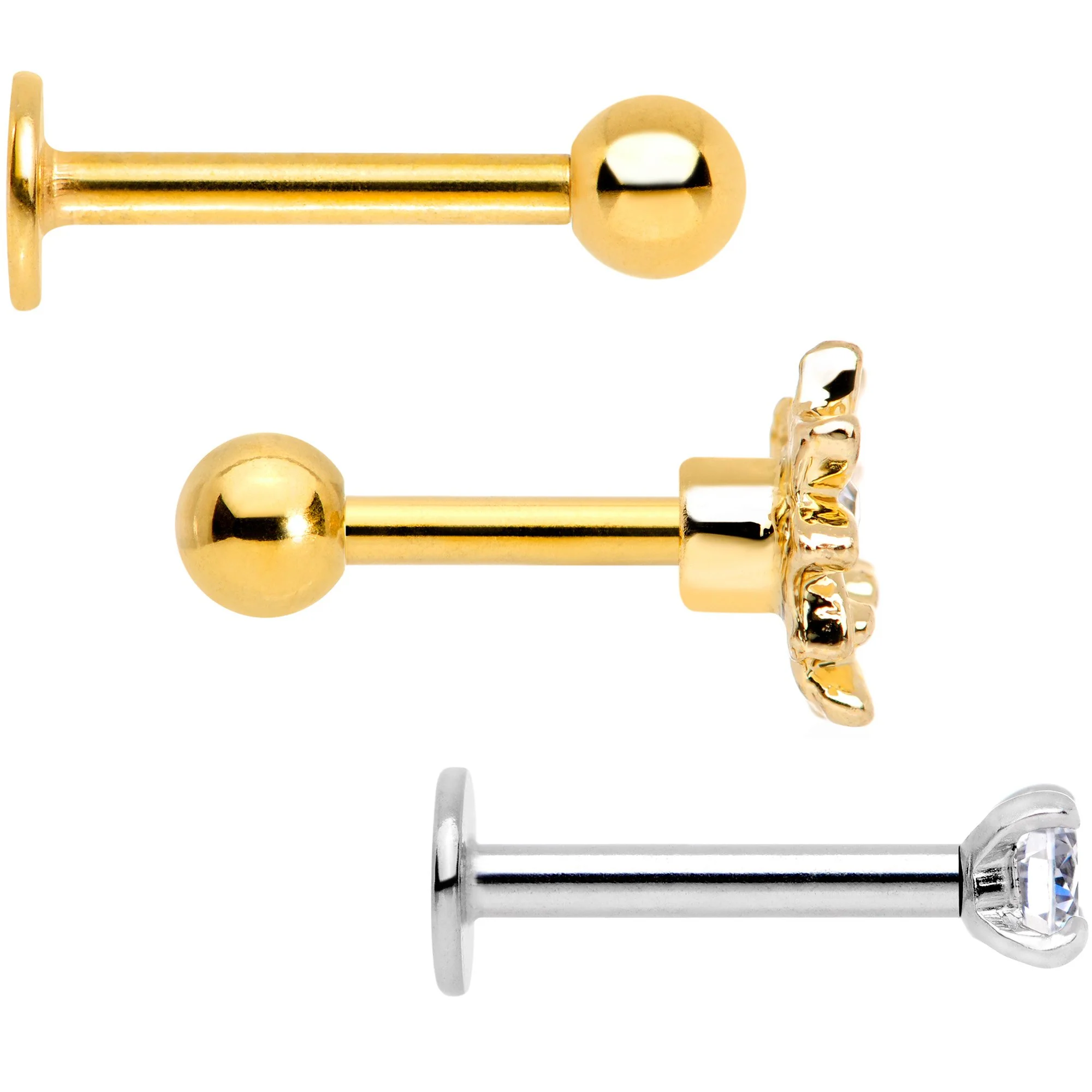 16G 1/4 Clear Gem Gold Tone Flower Cartilage Tragus Set of 3 - Image 2