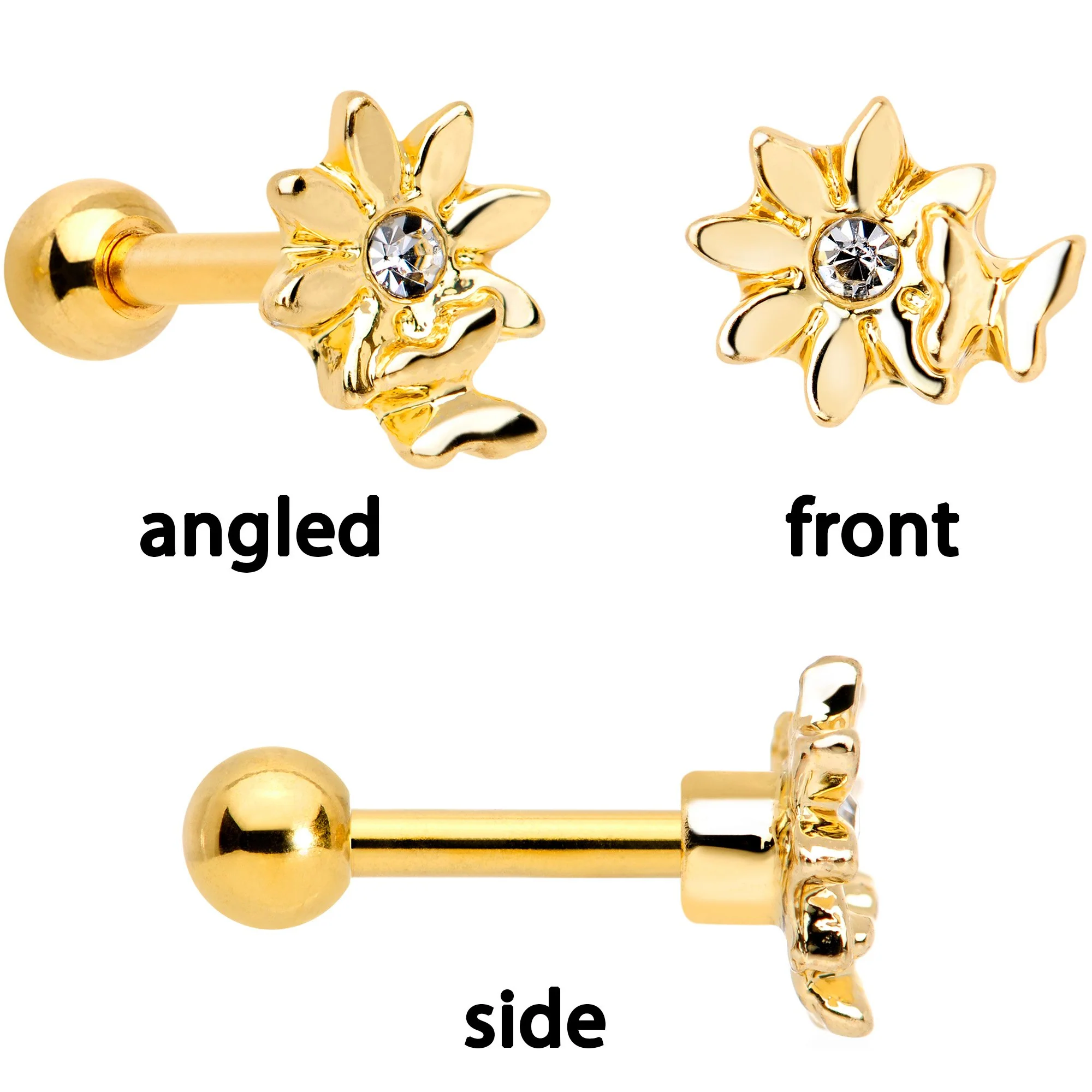 16G 1/4 Clear Gem Gold Tone Flower Cartilage Tragus Set of 3 - Image 3