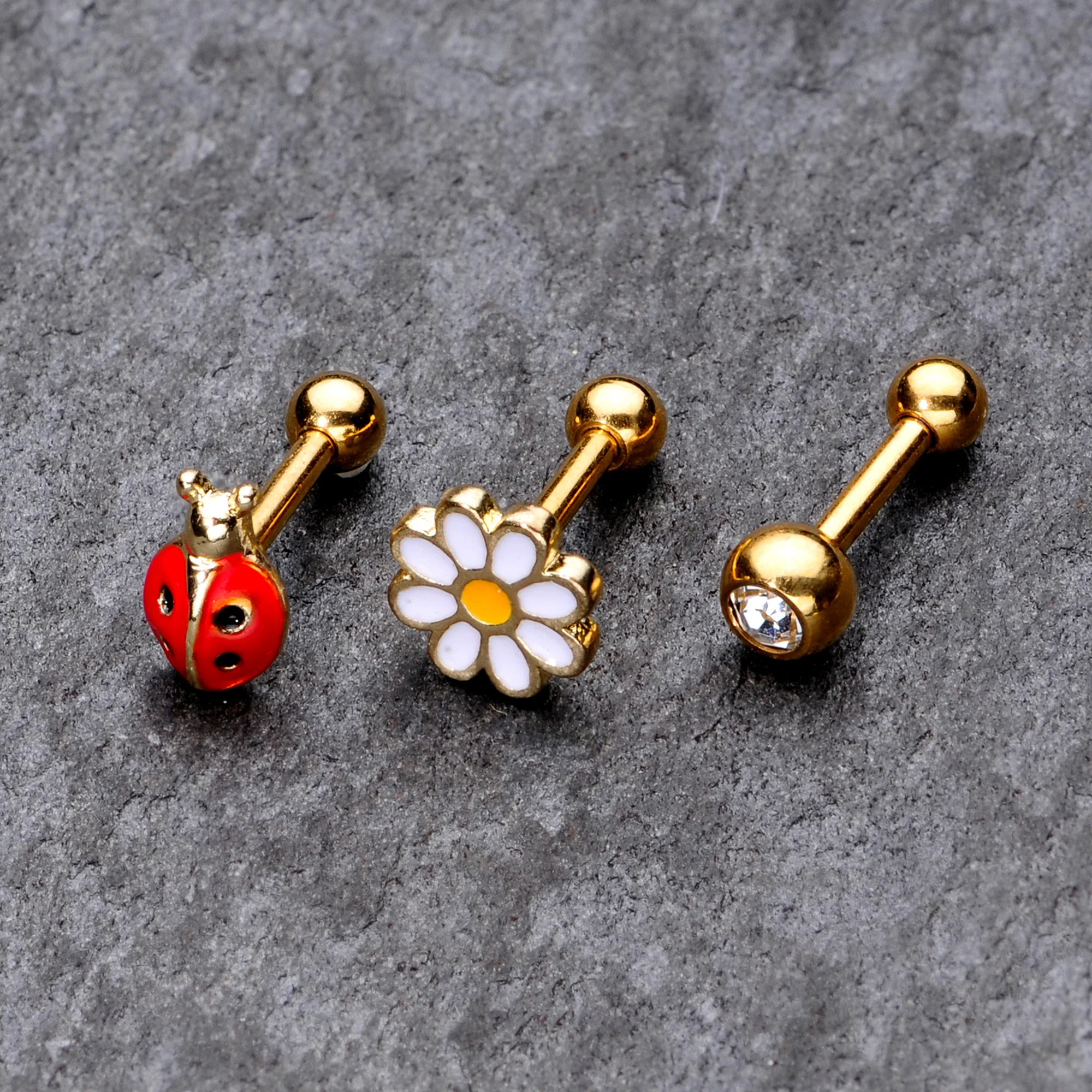 16G 1/4 Clear Gem Gold Tone Ladybug Cartilage Tragus Set of 3 - Image 2