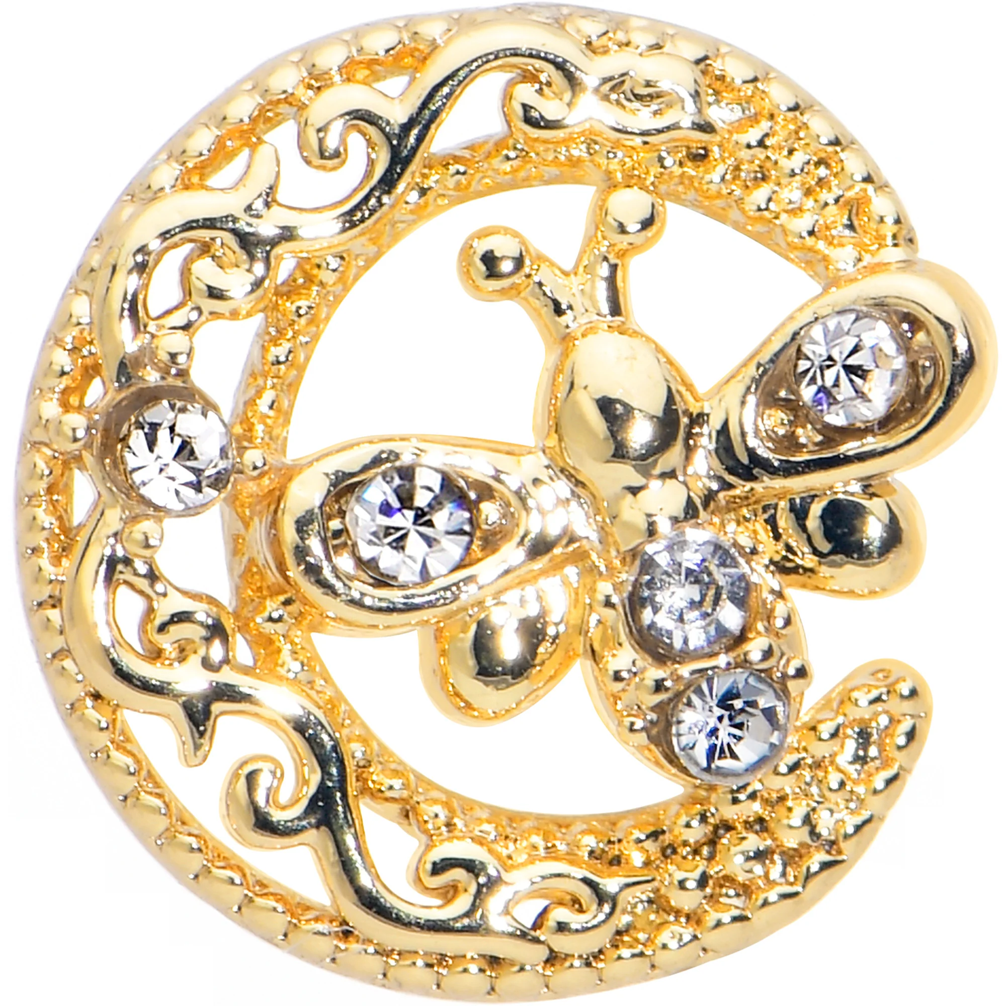 16G 1/4 Clear Gem Gold Tone Lunar Dragonfly Cartilage Earring - Image 2
